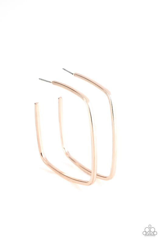 &lt;P&gt;A glistening rose gold bar delicately bends into an edgy square-like hoop for a trendy look. Earring attaches to a standard post fitting. Hoop measures approximately 2 1/4\&quot; in diameter. &lt;/P&gt;  

&lt;P&gt; &lt;I&gt;  Sold as one pair of hoop earrings. &lt;/I&gt;  &lt;/P&gt;


&lt;img src=\&quot;https://d9b54x484lq62.cloudfront.net/paparazzi/shopping/images/517_tag150x115_1.png\&quot; alt=\&quot;New Kit\&quot; align=\&quot;middle\&quot; height=\&quot;50\&quot; width=\&quot;50\&quot;/&gt;