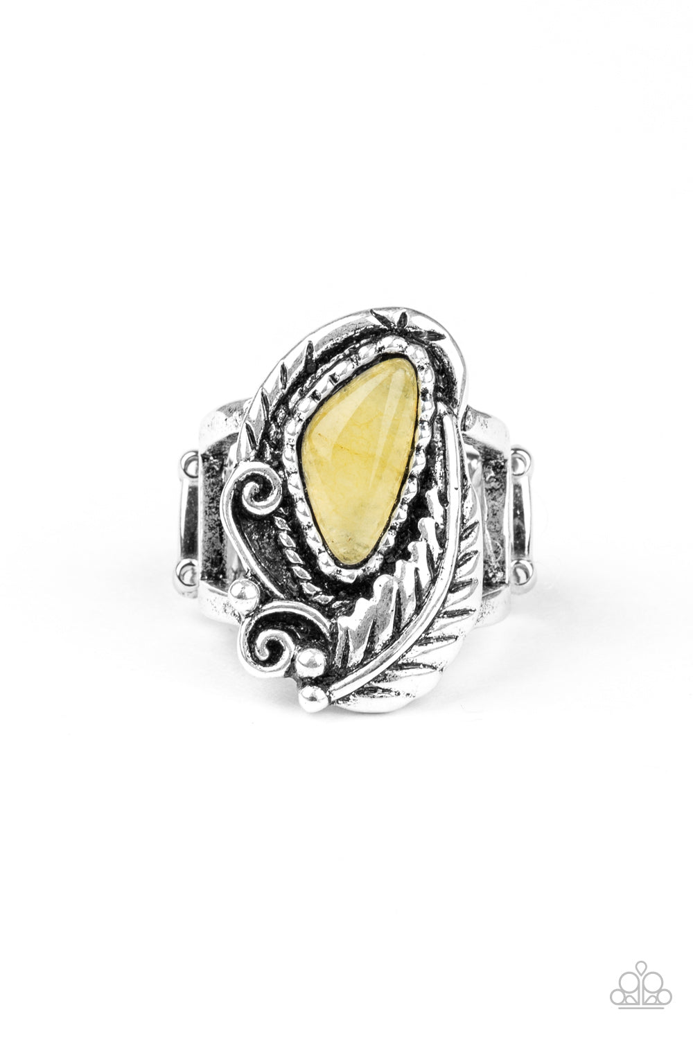 &lt;P&gt;A palm-like silver feather curls around an asymmetrical yellow stone that is nestled inside a decorative silver frame for a seasonal flair. Features a stretchy band for a flexible fit. &lt;/P&gt;  

&lt;P&gt; &lt;I&gt;  Sold as one individual ring.
&lt;/I&gt;&lt;/P&gt;

&lt;img src=\&quot;https://d9b54x484lq62.cloudfront.net/paparazzi/shopping/images/517_tag150x115_1.png\&quot; alt=\&quot;New Kit\&quot; align=\&quot;middle\&quot; height=\&quot;50\&quot; width=\&quot;50\&quot;/&gt;