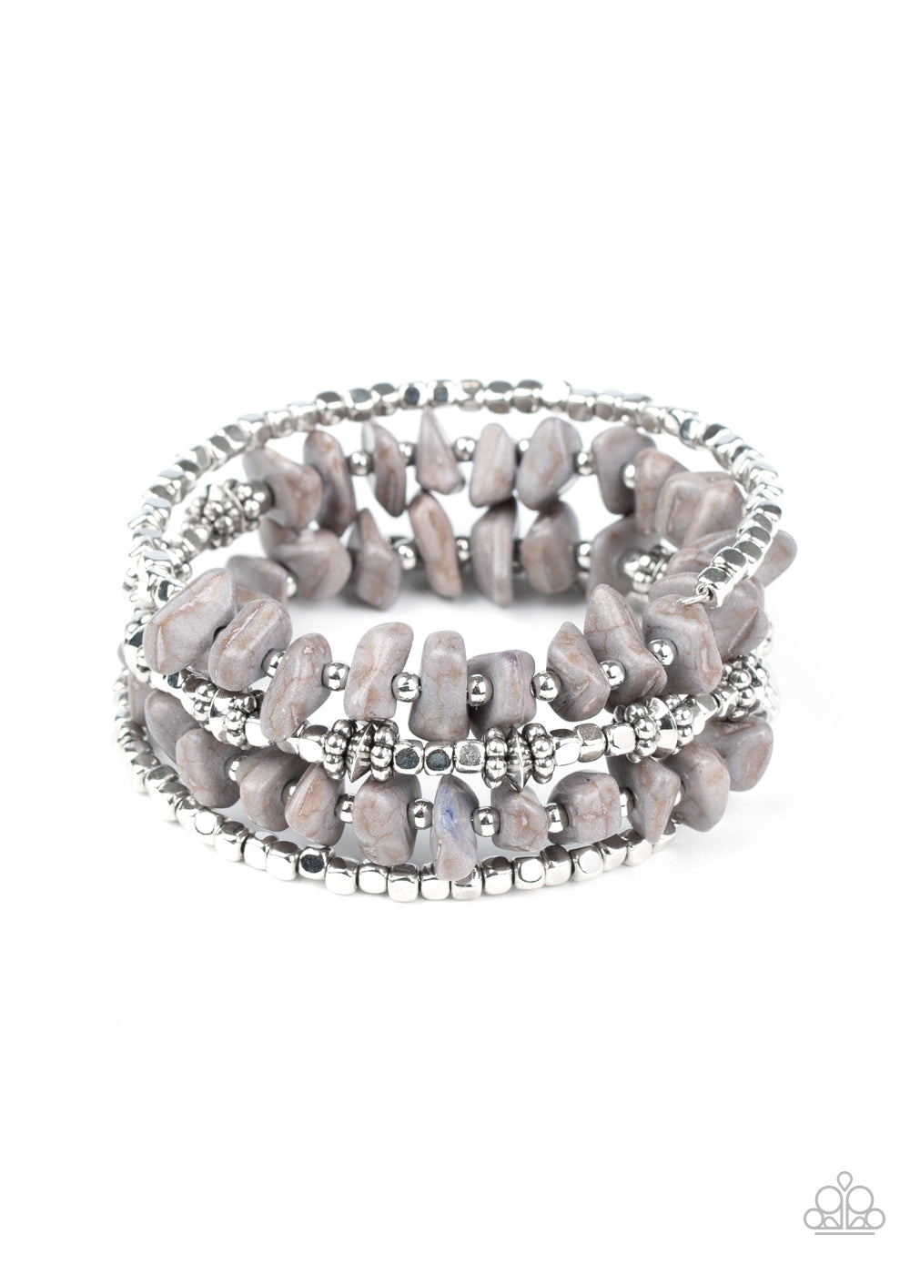 &lt;P&gt;An earthy collision of Sleet stone beads, silver cubes, and decorative silver accents are threaded along a silver wire that coils around the wrist, creating a whimsical infinity wrap bracelet.  &lt;/P&gt;

&lt;P&gt;&lt;I&gt; Sold as one individual bracelet.&lt;/I&gt;&lt;/p&gt;


&lt;img src=\&quot;https://d9b54x484lq62.cloudfront.net/paparazzi/shopping/images/517_tag150x115_1.png\&quot; alt=\&quot;New Kit\&quot; align=\&quot;middle\&quot; height=\&quot;50\&quot; width=\&quot;50\&quot;/&gt;