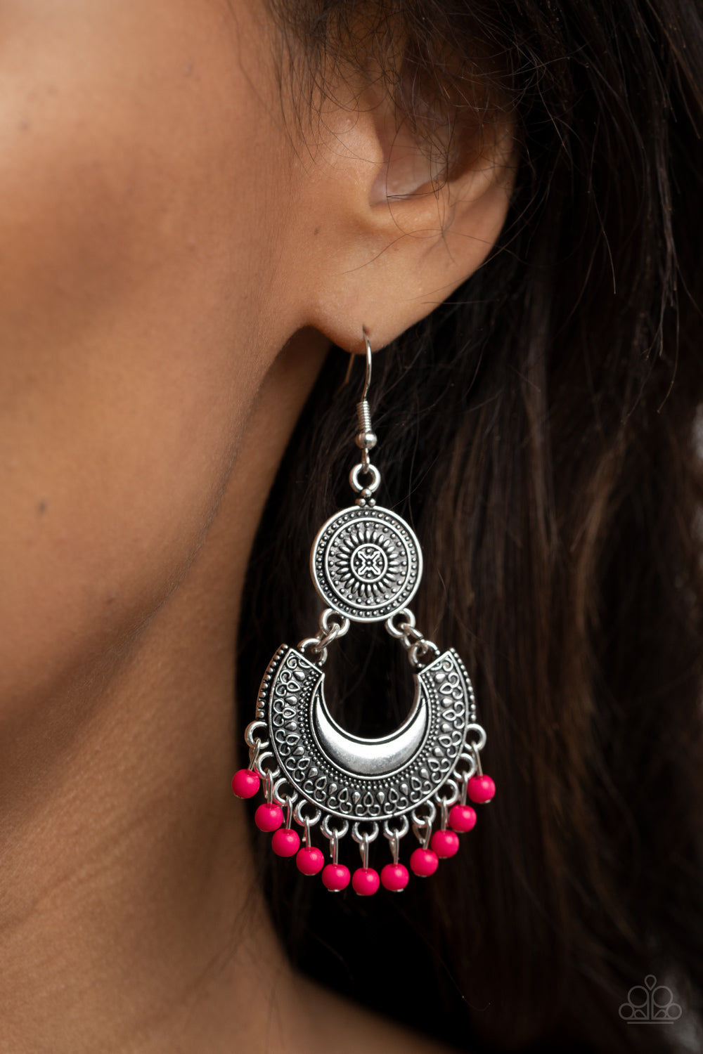 &lt;p&gt; Dainty pink beads dangle from the bottom of a decorative silver crescent plate that links to the bottom of an ornately embossed silver disc, creating a colorful fringe. Earring attaches to a standard fishhook fitting.
&lt;/p&gt;  

&lt;p&gt; &lt;i&gt;  Sold as one pair of earrings. &lt;/i&gt;  &lt;/p&gt;

&lt;br&gt;