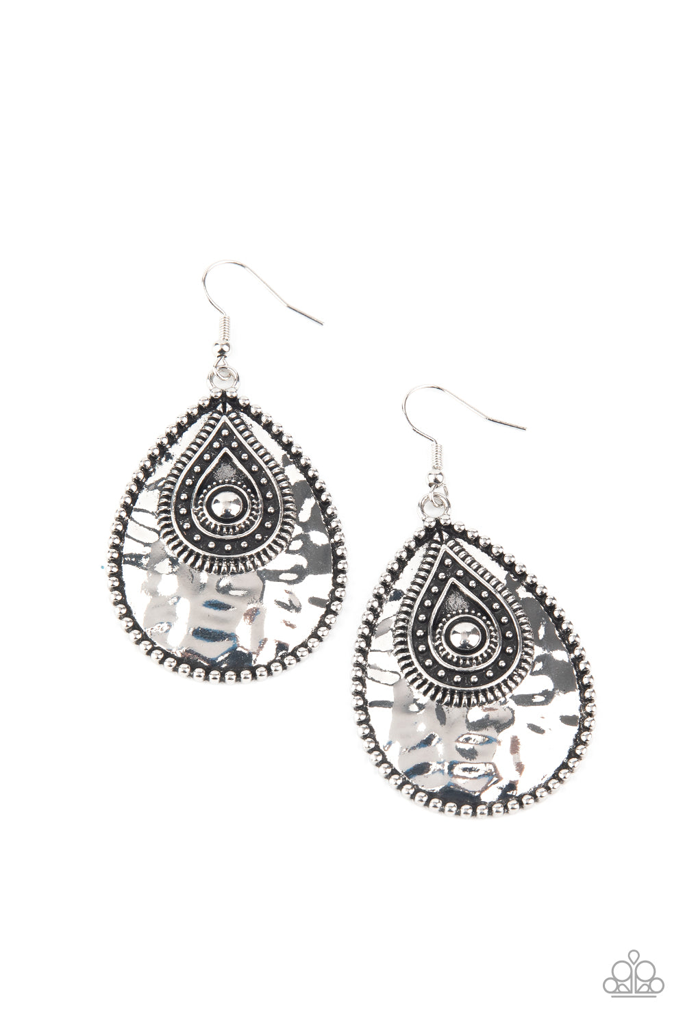 &lt;P&gt;Bordered in antiqued studs, a hammered silver teardrop is embellished with matching rustic details for a handcrafted finish. Earring attaches to a standard fishhook fitting.&lt;/P&gt;  

&lt;P&gt; &lt;I&gt;  Sold as one pair of earrings. &lt;/I&gt;  &lt;/P&gt;


&lt;img src=\&quot;https://d9b54x484lq62.cloudfront.net/paparazzi/shopping/images/517_tag150x115_1.png\&quot; alt=\&quot;New Kit\&quot; align=\&quot;middle\&quot; height=\&quot;50\&quot; width=\&quot;50\&quot;/&gt;