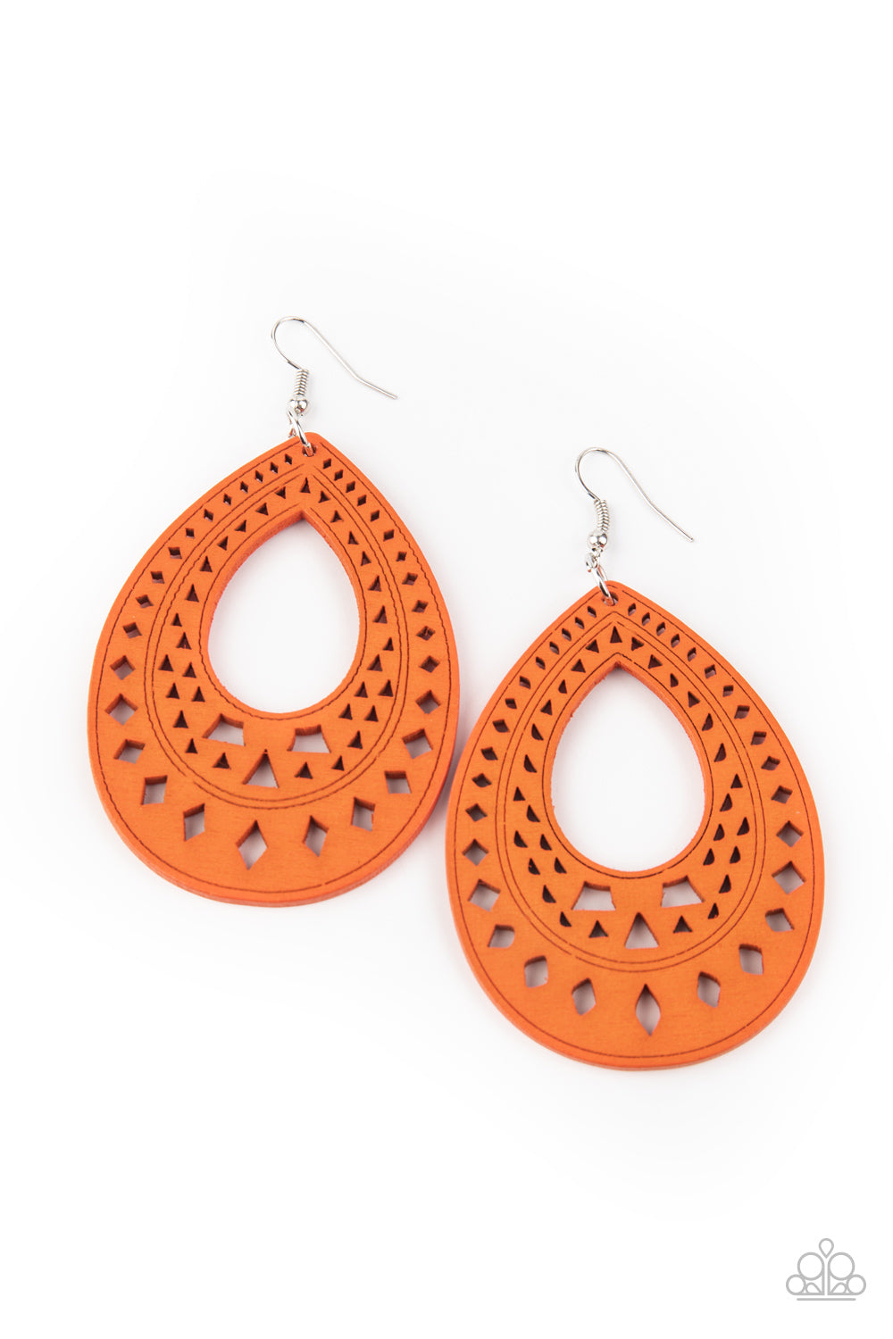 &lt;P&gt;Painted in a vivacious Amberglow finish, a wooden teardrop has been cut into a diamond and triangular stenciled pattern for a tribal inspired flair. Earring attaches to a standard fishhook fitting.&lt;/P&gt;  

&lt;P&gt; &lt;I&gt;  Sold as one pair of earrings. &lt;/I&gt;  &lt;/P&gt;


&lt;img src=\&quot;https://d9b54x484lq62.cloudfront.net/paparazzi/shopping/images/517_tag150x115_1.png\&quot; alt=\&quot;New Kit\&quot; align=\&quot;middle\&quot; height=\&quot;50\&quot; width=\&quot;50\&quot;/&gt;