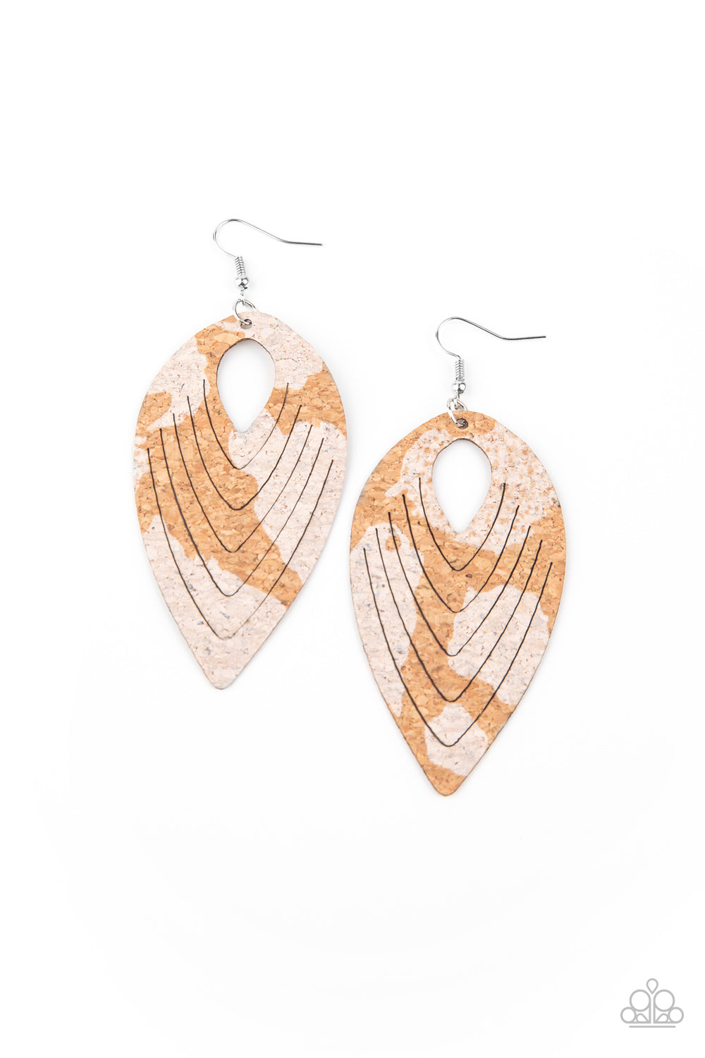 &lt;P&gt;Spotted in shimmery white accents, a flat cork teardrop is spliced into a rippling frame for an earthy fashion. Earring attaches to a standard fishhook fitting. &lt;/P&gt;  

&lt;P&gt; &lt;I&gt;  Sold as one pair of earrings. &lt;/I&gt;  &lt;/P&gt;

&lt;img src=\&quot;https://d9b54x484lq62.cloudfront.net/paparazzi/shopping/images/517_tag150x115_1.png\&quot; alt=\&quot;New Kit\&quot; align=\&quot;middle\&quot; height=\&quot;50\&quot; width=\&quot;50\&quot;/&gt;