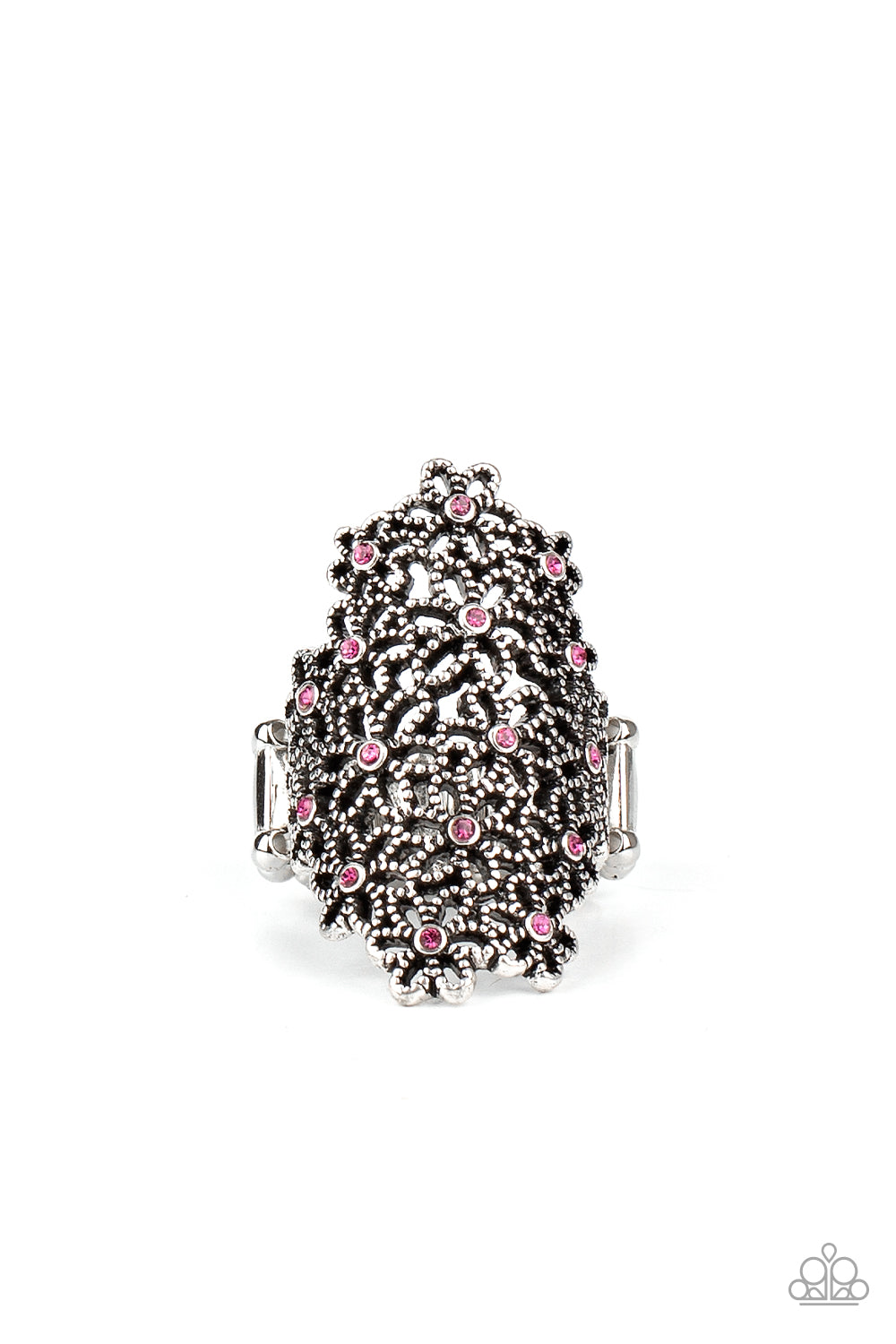 &lt;P&gt; Dotted with dainty pink rhinestone centers, a bouquet of silver flowers blooms across the finger for a seasonally whimsical look. Features a stretchy band for a flexible fit.&lt;/P&gt;  

&lt;P&gt; &lt;I&gt;  Sold as one individual ring.
&lt;/I&gt;&lt;/P&gt;

&lt;img src=\&quot;https://d9b54x484lq62.cloudfront.net/paparazzi/shopping/images/517_tag150x115_1.png\&quot; alt=\&quot;New Kit\&quot; align=\&quot;middle\&quot; height=\&quot;50\&quot; width=\&quot;50\&quot;/&gt;