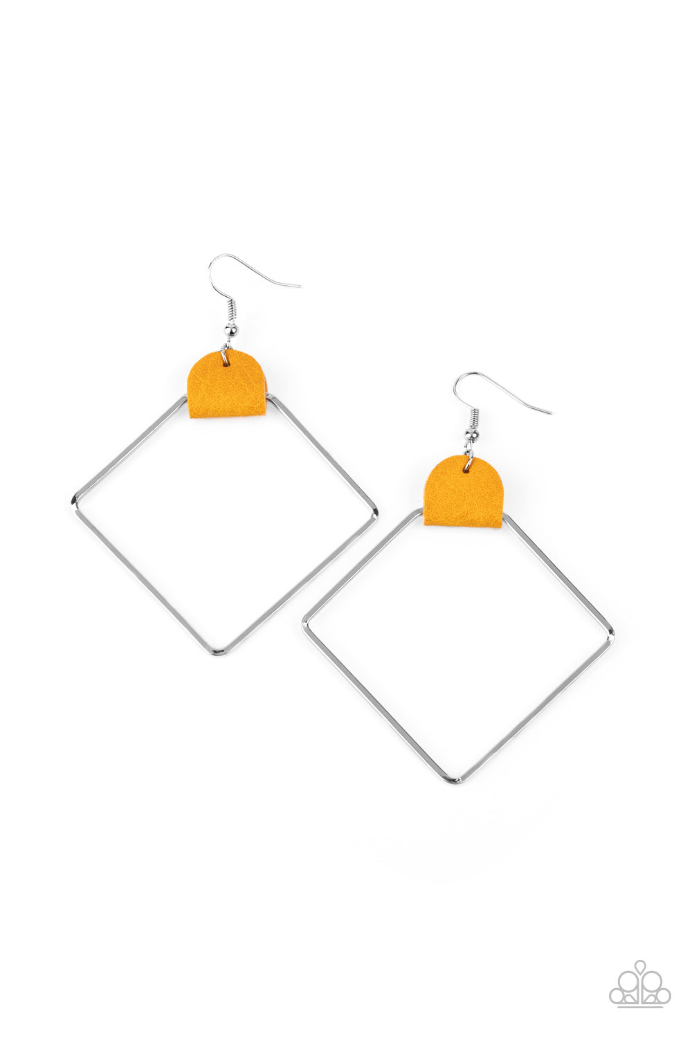 &lt;P&gt;An airy geometric silver hoop is pinched between a dainty piece of golden yellow leather, creating an edgy lure. Earring attaches to a standard fishhook fitting.&lt;/P&gt;  

&lt;P&gt; &lt;I&gt;  Sold as one pair of earrings. &lt;/I&gt;  &lt;/P&gt;


&lt;img src=\&quot;https://d9b54x484lq62.cloudfront.net/paparazzi/shopping/images/517_tag150x115_1.png\&quot; alt=\&quot;New Kit\&quot; align=\&quot;middle\&quot; height=\&quot;50\&quot; width=\&quot;50\&quot;/&gt;