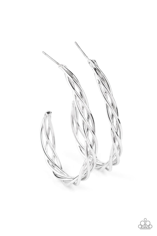 &lt;P&gt;Glistening silver bars delicately twist into a hook shaped hoop for an edgy flair. Earring attaches to a standard post fitting. Hoop measures approximately 1 1/2\&quot; in diameter.
 &lt;/P&gt;  

&lt;P&gt; &lt;I&gt;  Sold as one pair of hoop earrings. &lt;/I&gt;  &lt;/P&gt;


&lt;img src=\&quot;https://d9b54x484lq62.cloudfront.net/paparazzi/shopping/images/517_tag150x115_1.png\&quot; alt=\&quot;New Kit\&quot; align=\&quot;middle\&quot; height=\&quot;50\&quot; width=\&quot;50\&quot;/&gt;