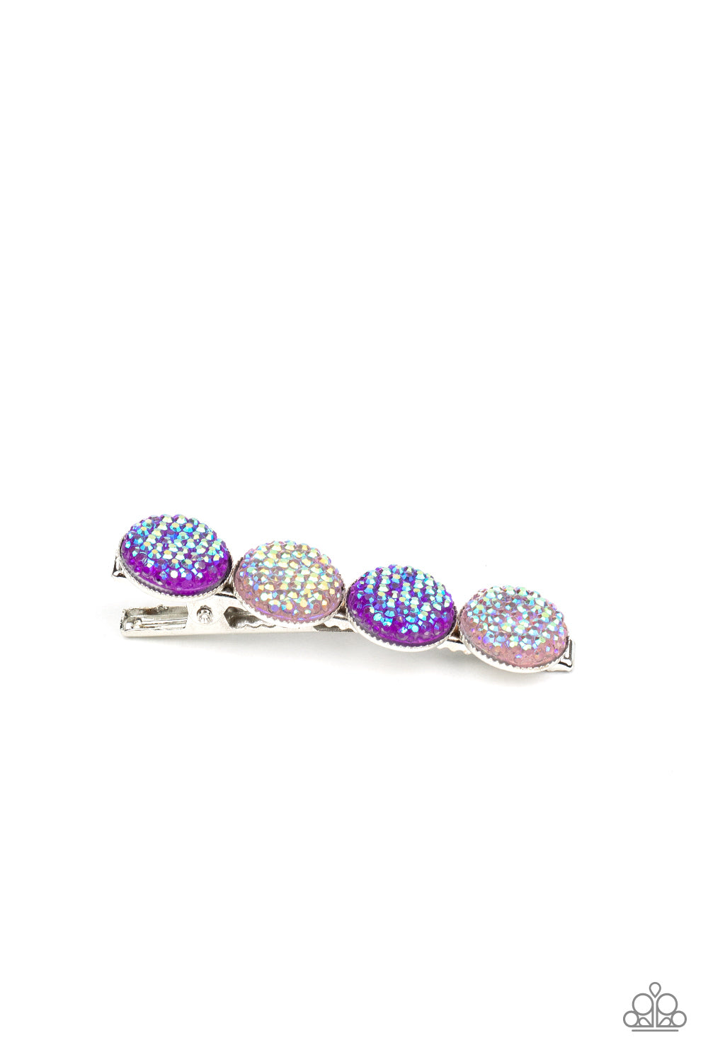 &lt;P&gt; Featuring an iridescent shimmer, pink and purple rhinestone dotted gems are encrusted across the front of a shiny silver bar for a colorfully bubbly look. Features a standard hair clip on the back.
&lt;/P&gt;

&lt;P&gt;&lt;I&gt;Sold as one individual hair clip.&lt;/I&gt;&lt;/P&gt;


&lt;img src=\&quot;https://d9b54x484lq62.cloudfront.net/paparazzi/shopping/images/517_tag150x115_1.png\&quot; alt=\&quot;New Kit\&quot; align=\&quot;middle\&quot; height=\&quot;50\&quot; width=\&quot;50\&quot;/&gt;