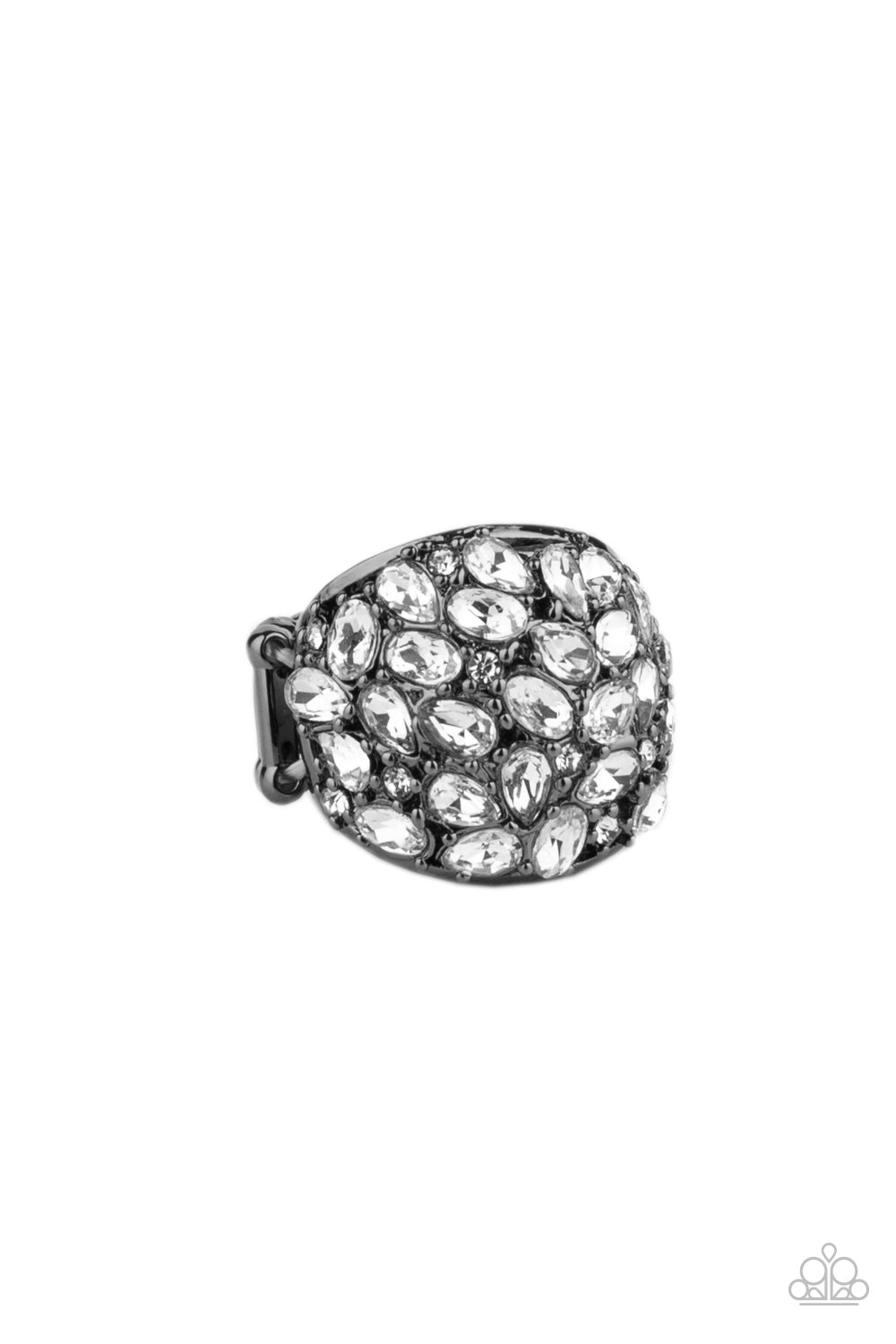 &lt;P&gt; An explosion of glittery white teardrop rhinestones scatter across the front of a thick gunmetal studded frame, creating a blinding statement piece. Features a stretchy band for a flexible fit.&lt;/P&gt;  

&lt;P&gt; &lt;I&gt;  Sold as one individual ring.
&lt;/I&gt;&lt;/P&gt;

&lt;img src=\&quot;https://d9b54x484lq62.cloudfront.net/paparazzi/shopping/images/517_tag150x115_1.png\&quot; alt=\&quot;New Kit\&quot; align=\&quot;middle\&quot; height=\&quot;50\&quot; width=\&quot;50\&quot;/&gt;