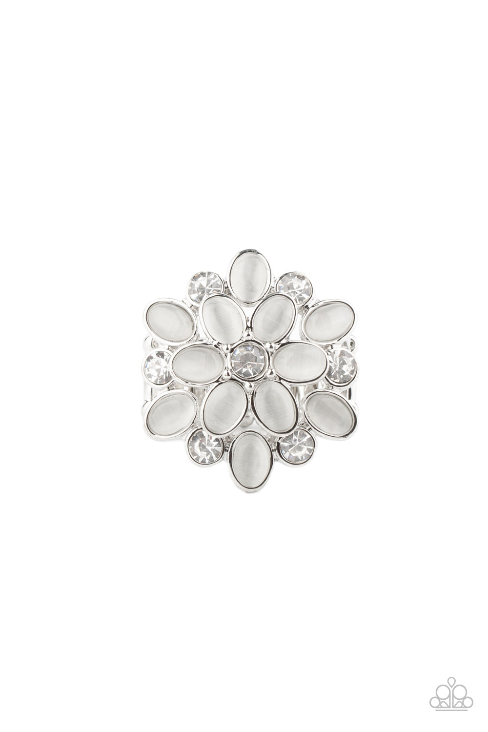 &lt;P&gt;Layers of glassy white rhinestones and glowing white cat\&#039;s eye stone petals stack into a whimsically colorful floral centerpiece atop the finger. Features a stretchy band for a flexible fit. &lt;/P&gt;  

&lt;P&gt; &lt;I&gt;  Sold as one individual ring.
&lt;/I&gt;&lt;/P&gt;

&lt;img src=\&quot;https://d9b54x484lq62.cloudfront.net/paparazzi/shopping/images/517_tag150x115_1.png\&quot; alt=\&quot;New Kit\&quot; align=\&quot;middle\&quot; height=\&quot;50\&quot; width=\&quot;50\&quot;/&gt;