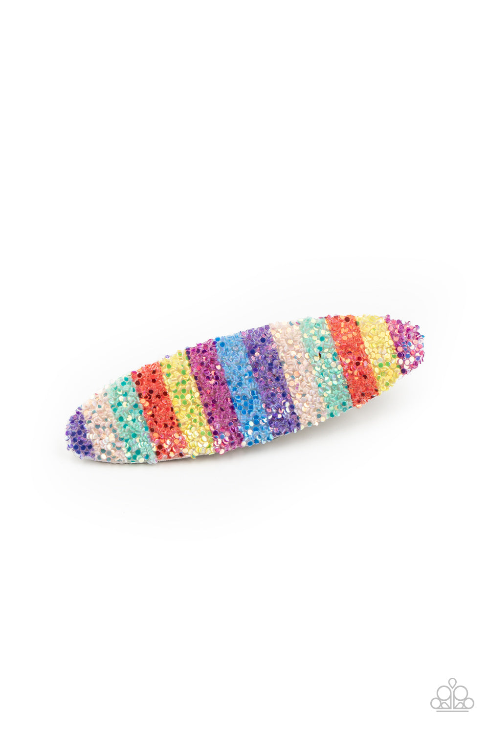 &lt;P&gt;The front of an oval frame is striped in sections of multicolored sequins, creating a colorful rainbow. Features a standard hair clip on the back. &lt;/P&gt;

&lt;P&gt;&lt;I&gt;Sold as one individual hair clip.&lt;/I&gt;&lt;/P&gt;


&lt;img src=\&quot;https://d9b54x484lq62.cloudfront.net/paparazzi/shopping/images/517_tag150x115_1.png\&quot; alt=\&quot;New Kit\&quot; align=\&quot;middle\&quot; height=\&quot;50\&quot; width=\&quot;50\&quot;/&gt;