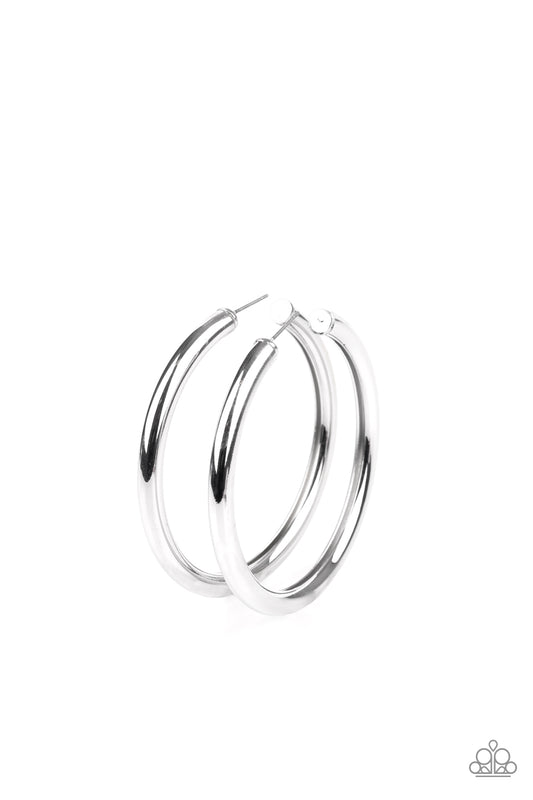 &lt;P&gt;A thick silver bar delicately curls into a glistening oversized hoop for a retro look. Earring attaches to a standard post fitting. Hoop measures approximately 2 1/4\&quot; in diameter.&lt;/P&gt;  

&lt;P&gt; &lt;I&gt;  Sold as one pair of hoop earrings. &lt;/I&gt;  &lt;/P&gt;


&lt;img src=\&quot;https://d9b54x484lq62.cloudfront.net/paparazzi/shopping/images/517_tag150x115_1.png\&quot; alt=\&quot;New Kit\&quot; align=\&quot;middle\&quot; height=\&quot;50\&quot; width=\&quot;50\&quot;/&gt;