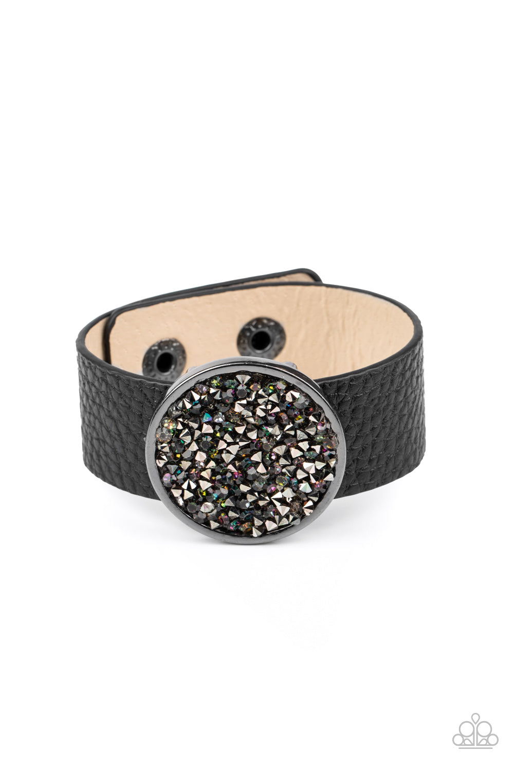 &lt;P&gt;A smoldering display of hematite and oil spill rhinestones scatter across the front of a gunmetal disc that glides along a black leather band for a stellar look. Features an adjustable snap closure.&lt;/P&gt;  

&lt;P&gt; &lt;I&gt;Sold as one individual bracelet.&lt;/I&gt;  &lt;/P&gt;


&lt;img src=\&quot;https://d9b54x484lq62.cloudfront.net/paparazzi/shopping/images/517_tag150x115_1.png\&quot; alt=\&quot;New Kit\&quot; align=\&quot;middle\&quot; height=\&quot;50\&quot; width=\&quot;50\&quot;/&gt;