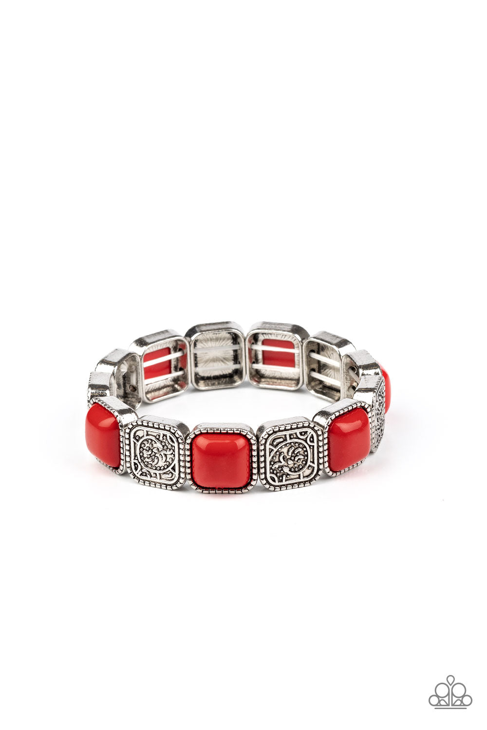 &lt;P&gt; Studded in abstract textures, antiqued silver frames join square red beaded frames along a stretchy band around the wrist for a colorfully vintage look. &lt;/P&gt;

&lt;P&gt;&lt;I&gt; Sold as one individual bracelet.&lt;/I&gt;&lt;/p&gt;


&lt;img src=\&quot;https://d9b54x484lq62.cloudfront.net/paparazzi/shopping/images/517_tag150x115_1.png\&quot; alt=\&quot;New Kit\&quot; align=\&quot;middle\&quot; height=\&quot;50\&quot; width=\&quot;50\&quot;/&gt;