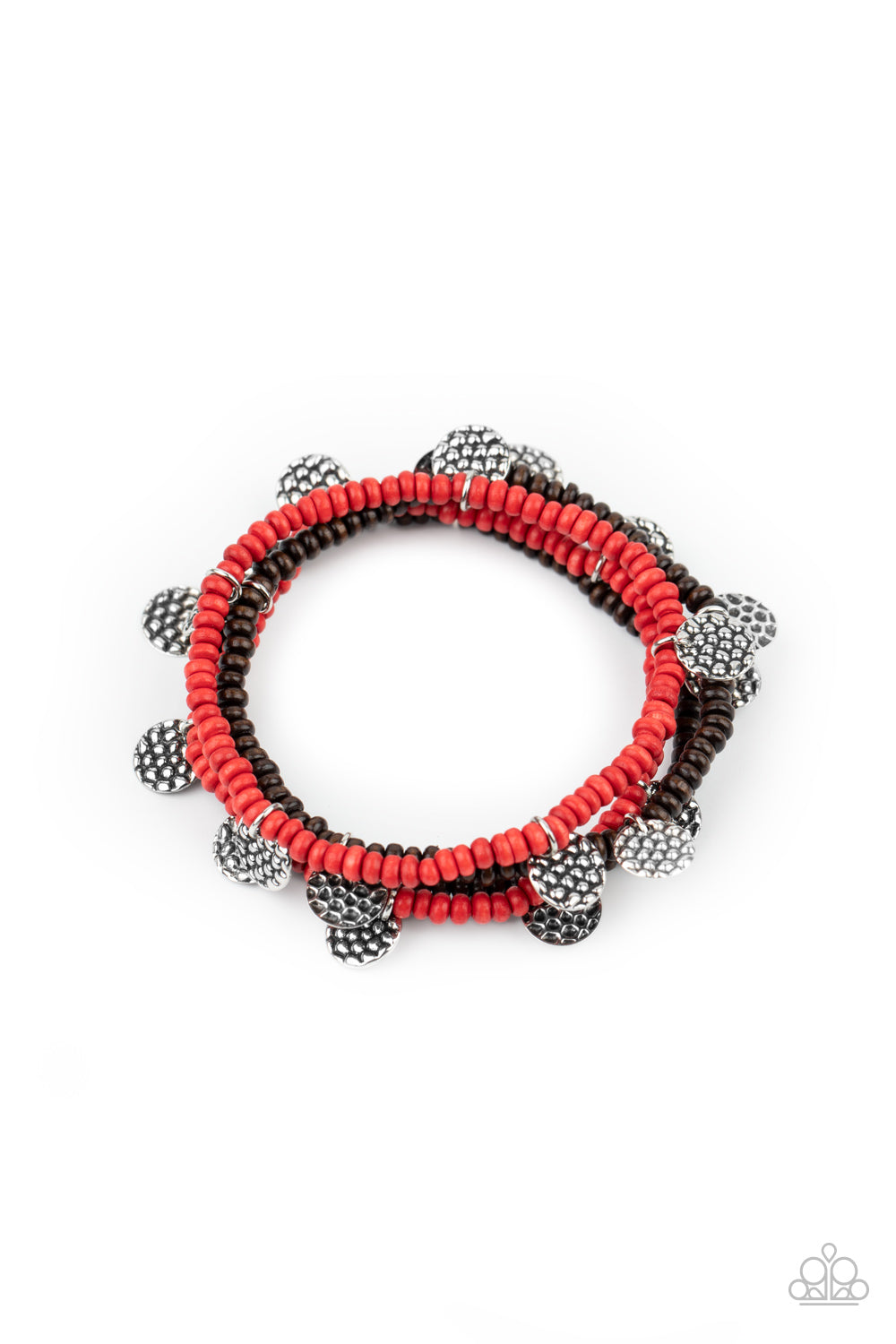 &lt;P&gt; Infused with hammered silver discs, a dainty collection of brown and red wooden beads are threaded along stretchy bands around the wrist, creating colorful layers. &lt;/P&gt;

&lt;P&gt;&lt;I&gt; Sold as one set of four bracelets.&lt;/I&gt;&lt;/p&gt;


&lt;img src=\&quot;https://d9b54x484lq62.cloudfront.net/paparazzi/shopping/images/517_tag150x115_1.png\&quot; alt=\&quot;New Kit\&quot; align=\&quot;middle\&quot; height=\&quot;50\&quot; width=\&quot;50\&quot;/&gt;