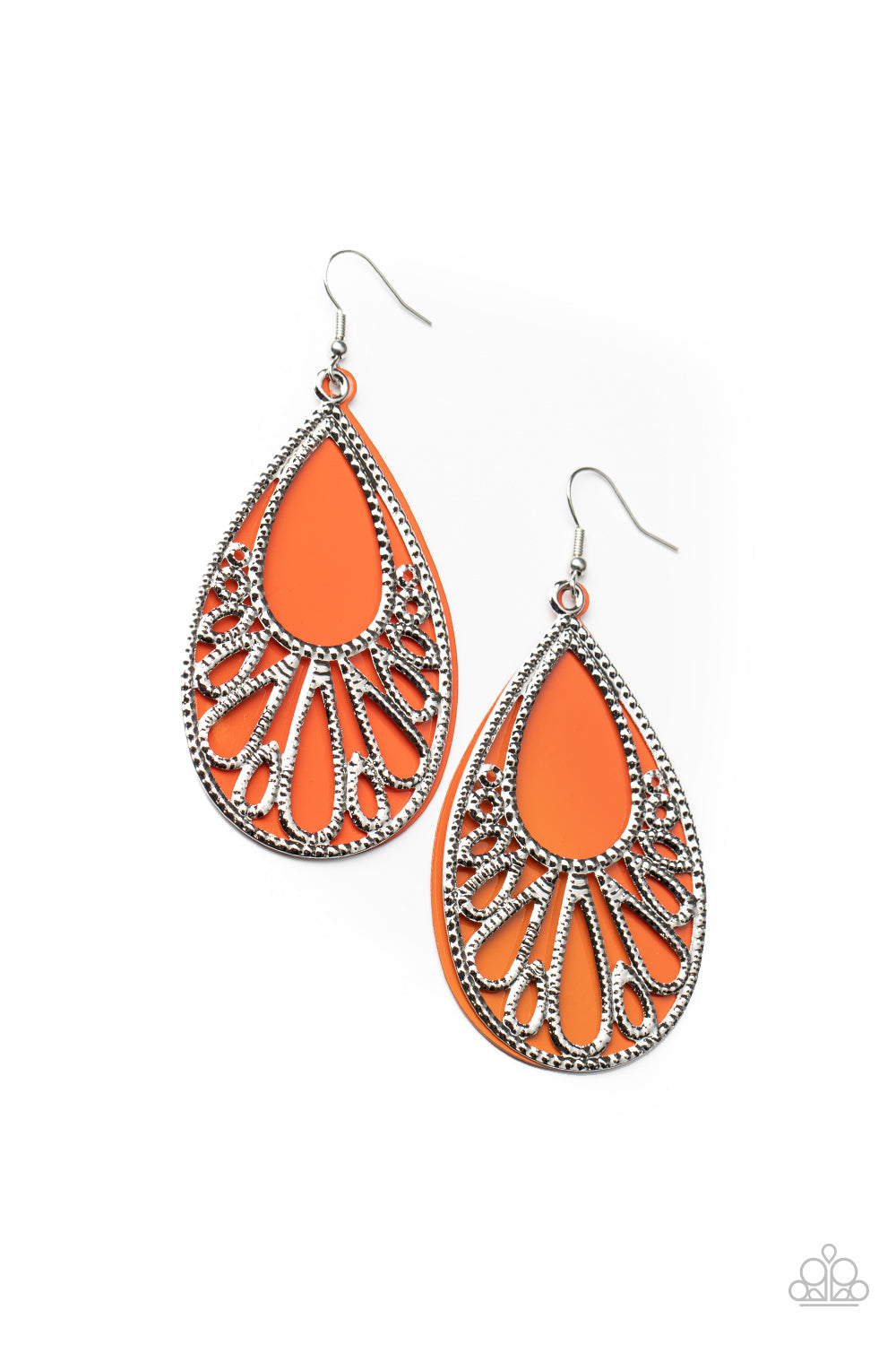 &lt;P&gt;Stenciled with studded filigree, an airy silver teardrop overlaps atop an orange acrylic teardrop frame, creating a flamboyant lure. Earring attaches to a standard fishhook fitting.
 &lt;/P&gt;  

&lt;P&gt; &lt;I&gt;  Sold as one pair of earrings. &lt;/I&gt;  &lt;/P&gt;


&lt;img src=\&quot;https://d9b54x484lq62.cloudfront.net/paparazzi/shopping/images/517_tag150x115_1.png\&quot; alt=\&quot;New Kit\&quot; align=\&quot;middle\&quot; height=\&quot;50\&quot; width=\&quot;50\&quot;/&gt;