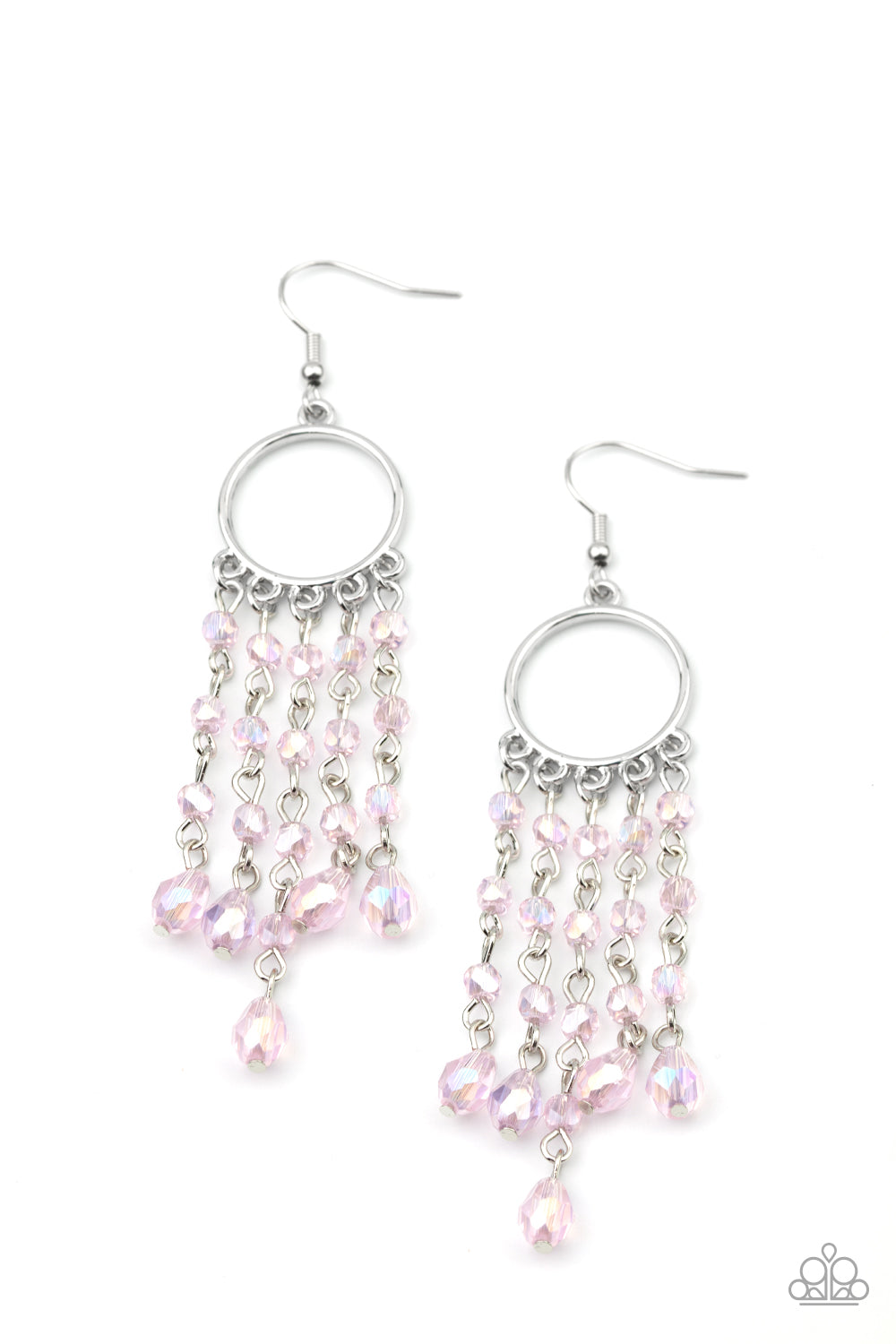 &lt;P&gt;Glittery rows of iridescently pink crystal-like beads stream from the bottom of a dainty silver hoop, creating a dazzling chandelier. Earring attaches to a standard fishhook fitting.&lt;/P&gt;  

&lt;P&gt; &lt;I&gt;  Sold as one pair of earrings. &lt;/I&gt;  &lt;/P&gt;


&lt;img src=\&quot;https://d9b54x484lq62.cloudfront.net/paparazzi/shopping/images/517_tag150x115_1.png\&quot; alt=\&quot;New Kit\&quot; align=\&quot;middle\&quot; height=\&quot;50\&quot; width=\&quot;50\&quot;/&gt;