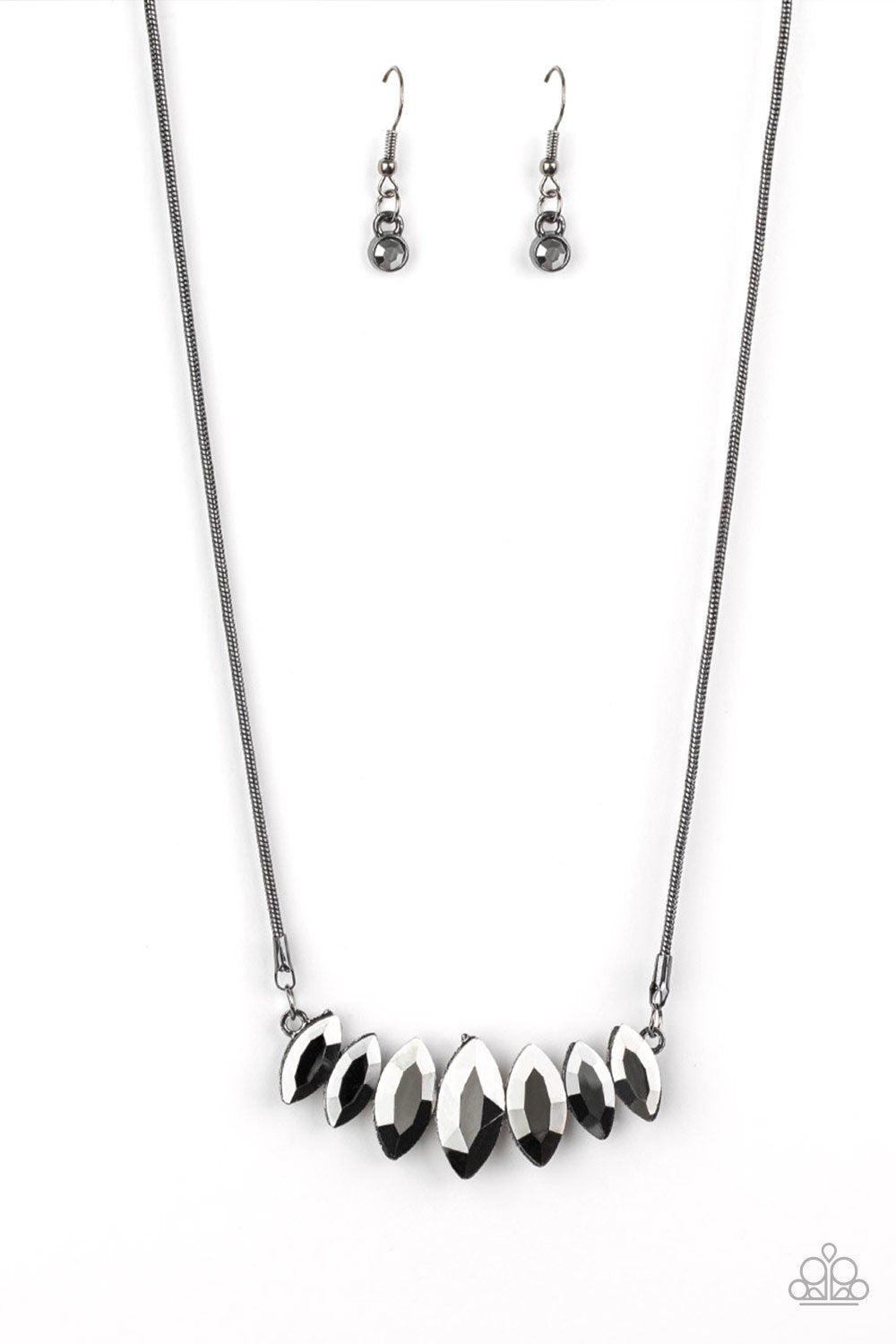 &lt;p&gt;Gradually increasing in size near the center, glittery hematite marquise shaped gems link below the collar for a dramatic look. Features an adjustable clasp closure.&lt;/p&gt;

&lt;p&gt;&lt;i&gt; Sold as one individual necklace.  Includes one pair of matching earrings.
&lt;/i&gt;&lt;/p&gt;

&lt;imgsrc alt=\&quot;New Kit\&quot; align=\&quot;middle\&quot; height=\&quot;50\&quot; width=\&quot;50\&quot;&gt;&lt;/imgsrc&gt;