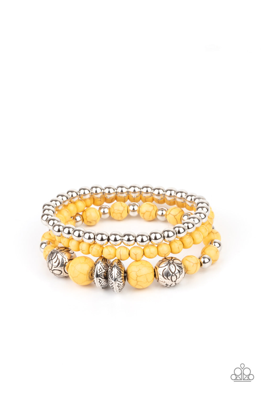 &lt;P&gt;A whimsically mismatched collection of yellow stone beads, plain silver beads, and antiqued floral accents are threaded along stretchy bands around the wrist, creating colorful layers. &lt;/P&gt;

&lt;P&gt;&lt;I&gt; Sold as one individual bracelet.&lt;/I&gt;&lt;/p&gt;


&lt;img src=\&quot;https://d9b54x484lq62.cloudfront.net/paparazzi/shopping/images/517_tag150x115_1.png\&quot; alt=\&quot;New Kit\&quot; align=\&quot;middle\&quot; height=\&quot;50\&quot; width=\&quot;50\&quot;/&gt;