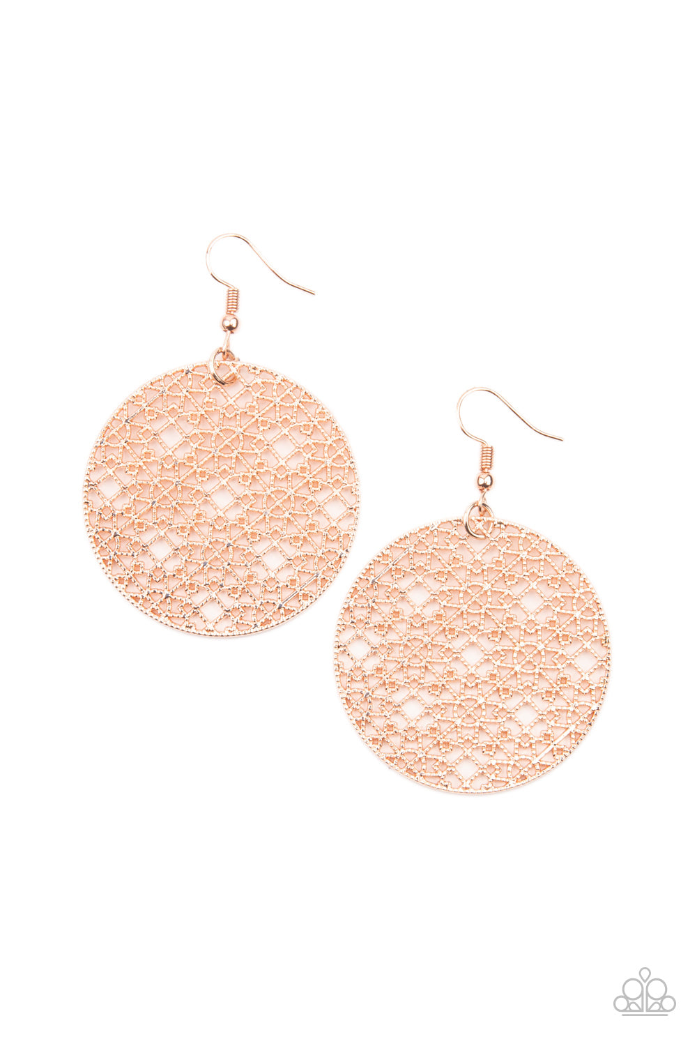 &lt;P&gt; Studded rose gold filigree fills the inside of a rose gold hoop, creating an airy mandala pattern. Earring attaches to a standard fishhook fitting.&lt;/P&gt;  

&lt;P&gt; &lt;I&gt;  Sold as one pair of earrings. &lt;/I&gt;  &lt;/P&gt;


&lt;img src=\&quot;https://d9b54x484lq62.cloudfront.net/paparazzi/shopping/images/517_tag150x115_1.png\&quot; alt=\&quot;New Kit\&quot; align=\&quot;middle\&quot; height=\&quot;50\&quot; width=\&quot;50\&quot;/&gt;