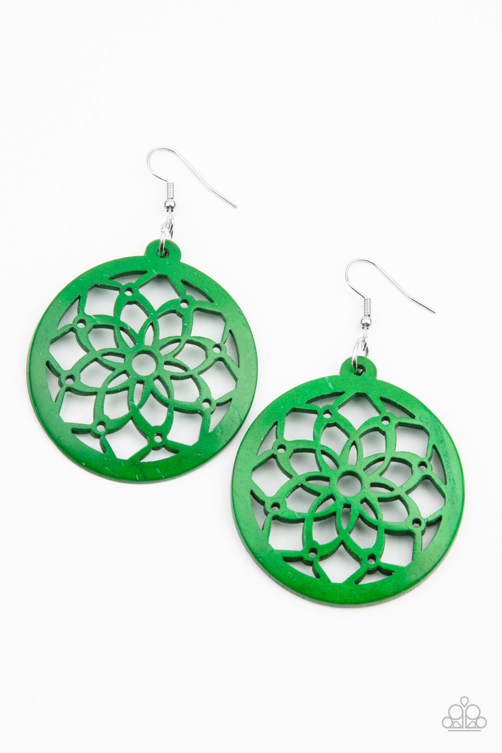 &lt;P&gt;The center of a green wooden frame has been cutout in an airy mandala-like pattern, creating a colorful flower. Earring attaches to a standard fishhook fitting.
 &lt;/P&gt;  

&lt;P&gt; &lt;I&gt;  Sold as one pair of earrings. &lt;/I&gt;  &lt;/P&gt;


&lt;img src=\&quot;https://d9b54x484lq62.cloudfront.net/paparazzi/shopping/images/517_tag150x115_1.png\&quot; alt=\&quot;New Kit\&quot; align=\&quot;middle\&quot; height=\&quot;50\&quot; width=\&quot;50\&quot;/&gt;