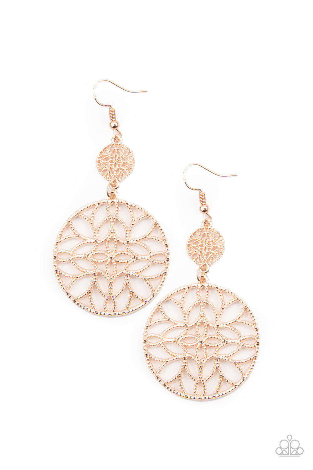 &lt;P&gt;Featuring a stenciled mandala-like pattern, a studded rose gold frame swings from a dainty matching frame, creating a whimsical lure. Earring attaches to a standard fishhook fitting. &lt;/P&gt;  

&lt;P&gt; &lt;I&gt;  Sold as one pair of earrings. &lt;/I&gt;  &lt;/P&gt;


&lt;img src=\&quot;https://d9b54x484lq62.cloudfront.net/paparazzi/shopping/images/517_tag150x115_1.png\&quot; alt=\&quot;New Kit\&quot; align=\&quot;middle\&quot; height=\&quot;50\&quot; width=\&quot;50\&quot;/&gt;