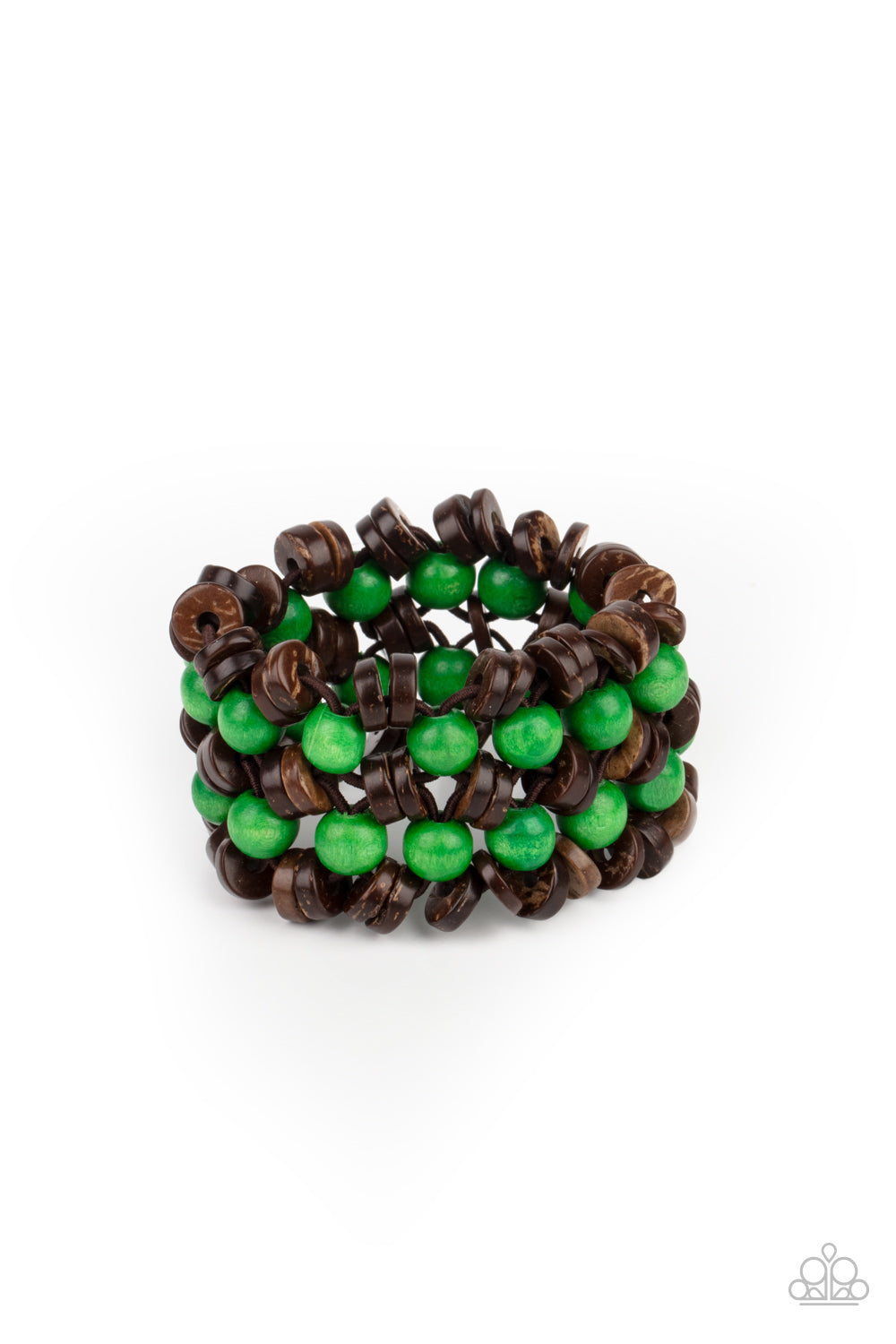 &lt;P&gt;Rows of green wooden beads and brown wooden discs are threaded along stretchy bands that decoratively weave around the wrist, creating a tropical inspired statement piece. &lt;/P&gt;

&lt;P&gt;&lt;I&gt; Sold as one individual bracelet. &lt;/I&gt;&lt;/p&gt;


&lt;img src=\&quot;https://d9b54x484lq62.cloudfront.net/paparazzi/shopping/images/517_tag150x115_1.png\&quot; alt=\&quot;New Kit\&quot; align=\&quot;middle\&quot; height=\&quot;50\&quot; width=\&quot;50\&quot;/&gt;