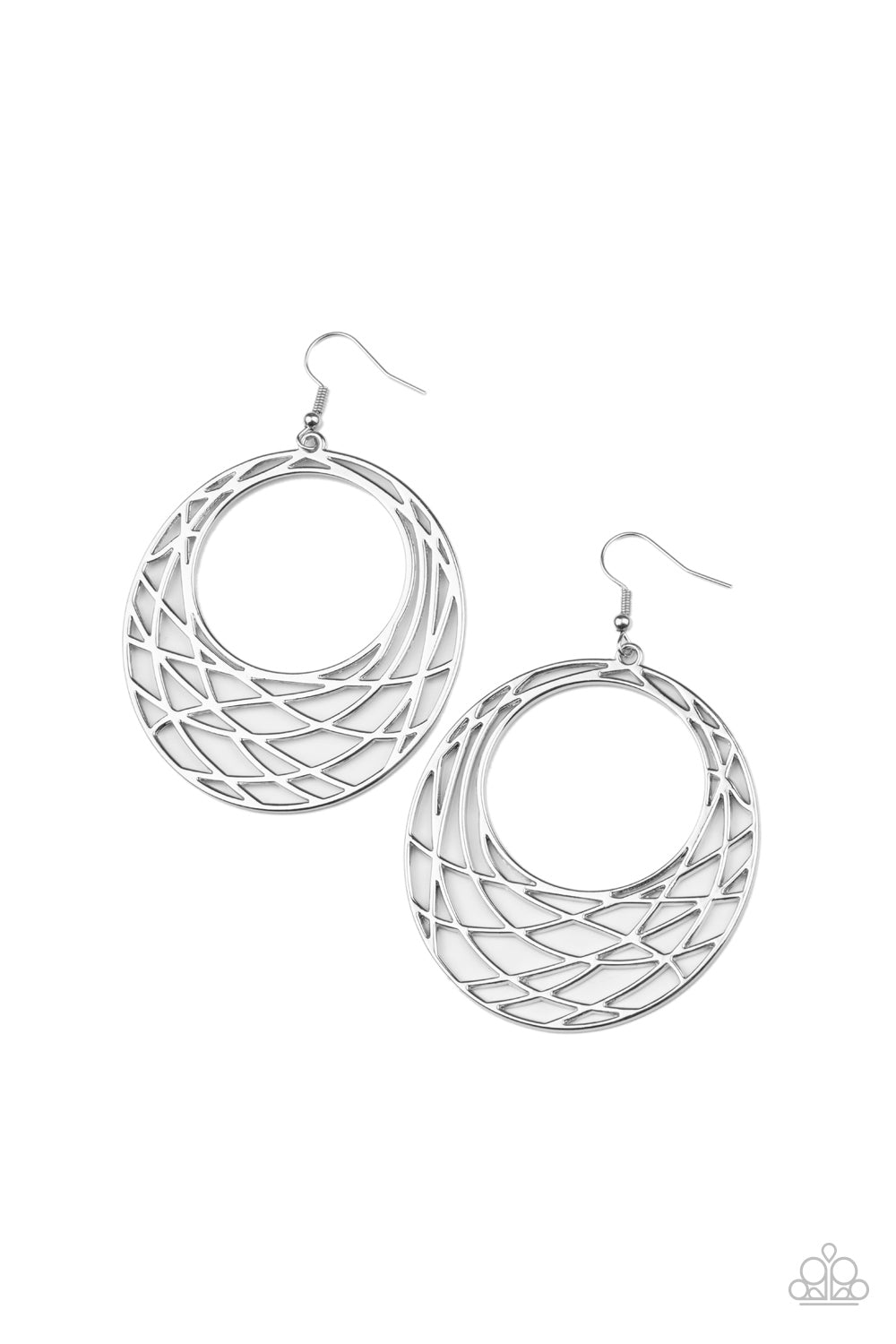 &lt;P&gt;Shimmery silver bars crisscross and overlap along the bottom of a circular frame, creating a crescent-like hoop. Earring attaches to a standard fishhook fitting. &lt;/P&gt;  

&lt;P&gt; &lt;I&gt;  Sold as one pair of earrings. &lt;/I&gt;  &lt;/P&gt;


&lt;img src=\&quot;https://d9b54x484lq62.cloudfront.net/paparazzi/shopping/images/517_tag150x115_1.png\&quot; alt=\&quot;New Kit\&quot; align=\&quot;middle\&quot; height=\&quot;50\&quot; width=\&quot;50\&quot;/&gt;