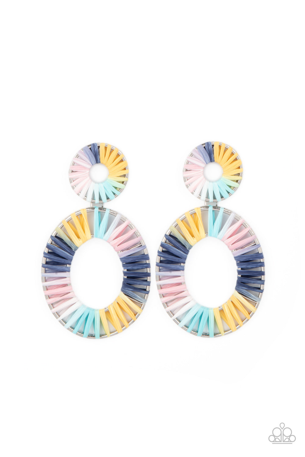 &lt;P&gt; Tie dyed wicker-like accents wrap around an oversized silver oval and dainty circular frame, linking into a colorful lure. Earring attaches to a standard post fitting.
&lt;/P&gt;  

&lt;P&gt; &lt;I&gt;  Sold as one pair of post earrings. &lt;/I&gt;  &lt;/P&gt;


&lt;img src=\&quot;https://d9b54x484lq62.cloudfront.net/paparazzi/shopping/images/517_tag150x115_1.png\&quot; alt=\&quot;New Kit\&quot; align=\&quot;middle\&quot; height=\&quot;50\&quot; width=\&quot;50\&quot;/&gt;