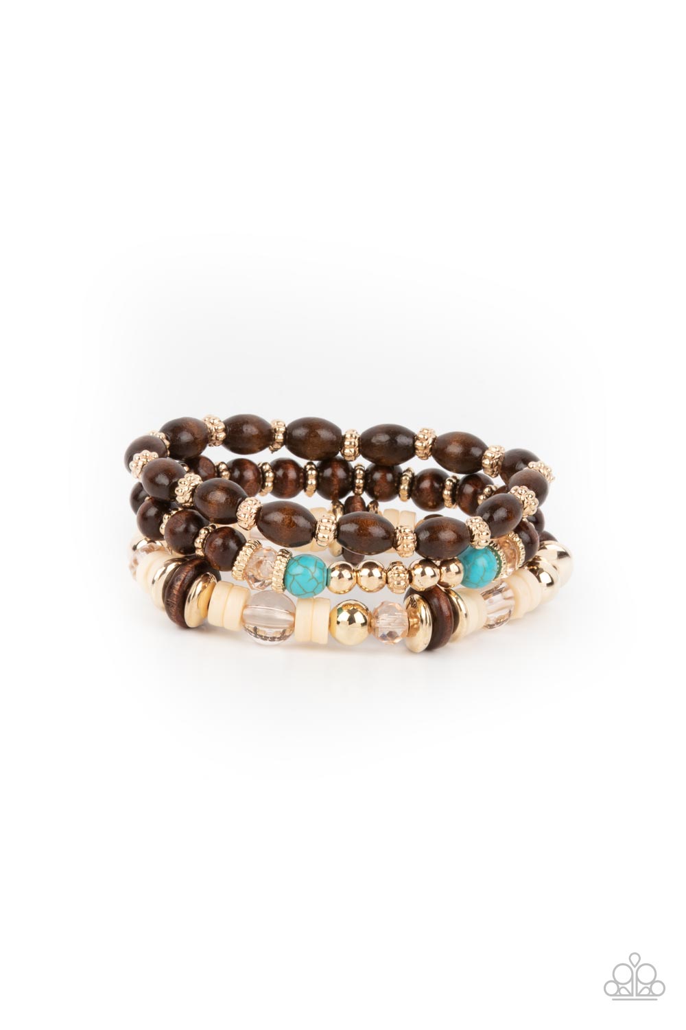 &lt;P&gt; A mismatched collection of brown wooden beads, gold accents, turquoise stones, and glassy beads are threaded along stretchy bands, creating colorful layers around the wrist.&lt;/P&gt;

&lt;P&gt;&lt;I&gt; Sold as one set of three bracelets.  &lt;/I&gt;&lt;/p&gt;


&lt;img src=\&quot;https://d9b54x484lq62.cloudfront.net/paparazzi/shopping/images/517_tag150x115_1.png\&quot; alt=\&quot;New Kit\&quot; align=\&quot;middle\&quot; height=\&quot;50\&quot; width=\&quot;50\&quot;/&gt;