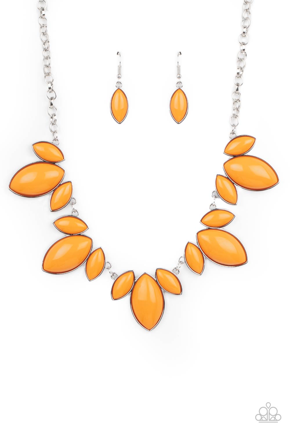 &lt;P&gt;Trios of Marigold marquise shaped beads connect into leafy frames below the collar, creating a vivacious centerpiece. Features an adjustable clasp closure. &lt;/p&gt;

&lt;P&gt;&lt;i&gt; Sold as one individual necklace.  Includes one pair of matching earrings.
&lt;/i&gt;&lt;/p&gt;

&lt;img src=\&quot;https://d9b54x484lq62.cloudfront.net/paparazzi/shopping/images/517_tag150x115_1.png\&quot; alt=\&quot;New Kit\&quot; align=\&quot;middle\&quot; height=\&quot;50\&quot; width=\&quot;50\&quot;/&gt;

