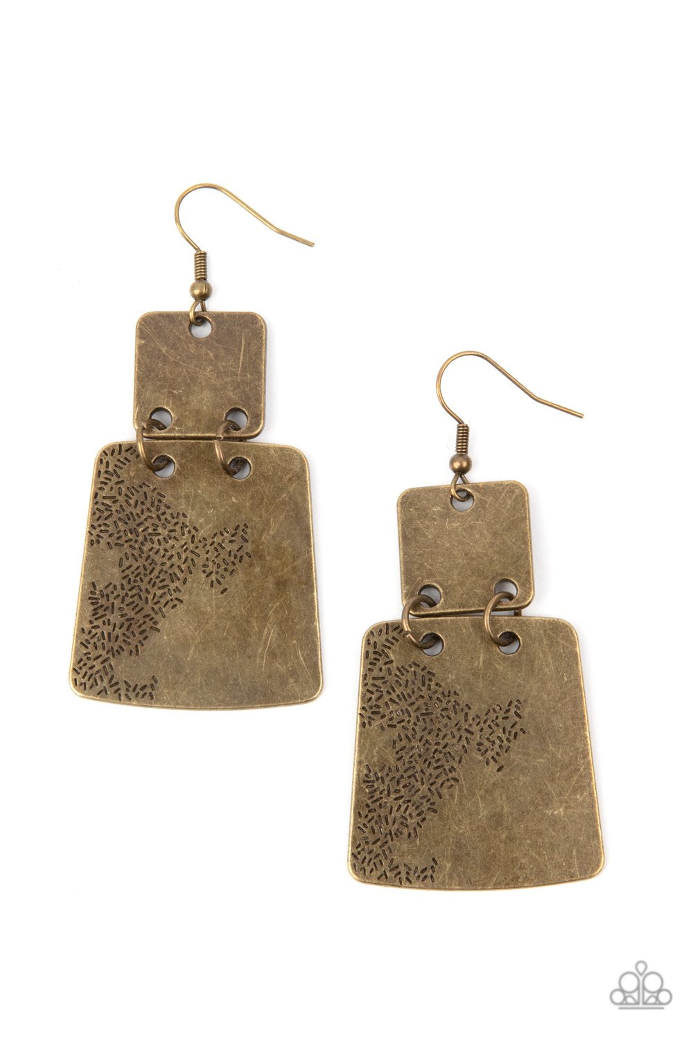 &lt;p&gt;Stamped in an abstract pattern, a flared brass plate links to the bottom of a square brass frame, creating a rustic lure. Earring attaches to a standard fishhook fitting.
 &lt;/p&gt;  

&lt;p&gt; &lt;i&gt;  Sold as one pair of earrings. &lt;/i&gt;  &lt;/p&gt;


&lt;img src=\&quot;https://d9b54x484lq62.cloudfront.net/paparazzi/shopping/images/517_tag150x115_1.png\&quot; alt=\&quot;New Kit\&quot; align=\&quot;middle\&quot; height=\&quot;50\&quot; width=\&quot;50\&quot;&gt;