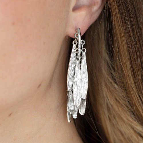 &lt;p&gt; Textured petal-like plumes cluster around a curved silver bar and dance in an unexpected funky fringe below the ear. Earring attaches to a standard post fitting.&lt;/p&gt;  

&lt;p&gt; &lt;i&gt; Sold as one pair of post earrings.  &lt;/i&gt;  &lt;/p&gt;


&lt;img src=\&quot;https://d9b54x484lq62.cloudfront.net/paparazzi/shopping/images/517_tag150x115_1.png\&quot; alt=\&quot;New Kit\&quot; align=\&quot;middle\&quot; height=\&quot;50\&quot; width=\&quot;50\&quot;&gt;