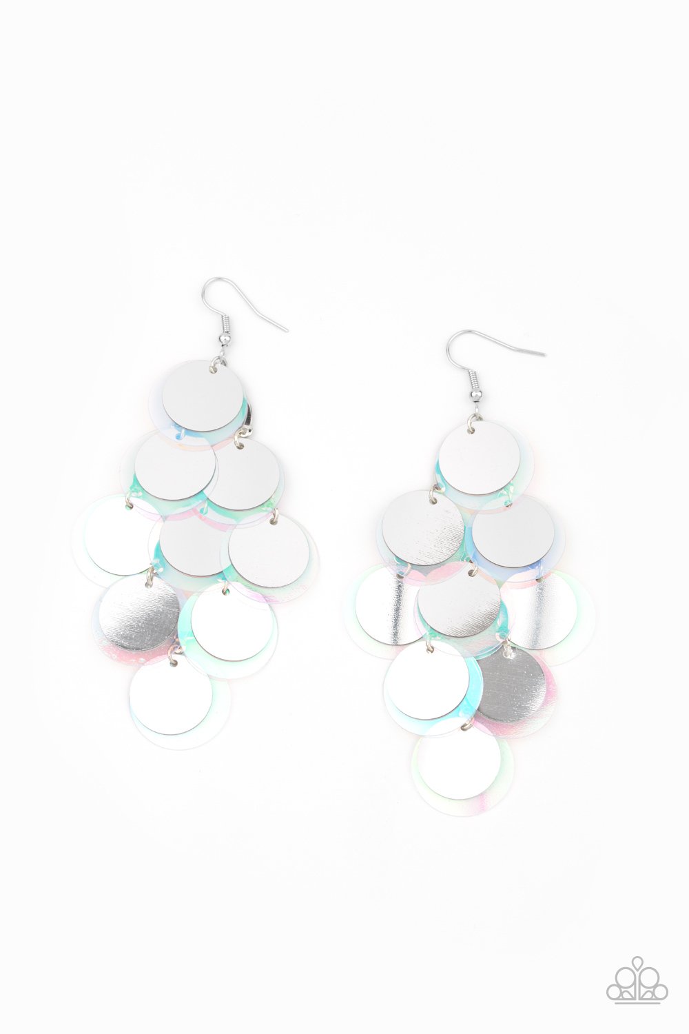 &lt;p&gt; A bubbly collection of oversized silver and iridescent sequins cascade from the ear, creating a flirty holographic fringe. Earring attaches to a standard fishhook fitting.
&lt;/p&gt;  

&lt;p&gt; &lt;i&gt;  Sold as one pair of earrings. &lt;/i&gt;  &lt;/p&gt;


&lt;img src=\&quot;https://d9b54x484lq62.cloudfront.net/paparazzi/shopping/images/517_tag150x115_1.png\&quot; alt=\&quot;New Kit\&quot; align=\&quot;middle\&quot; height=\&quot;50\&quot; width=\&quot;50\&quot;&gt;