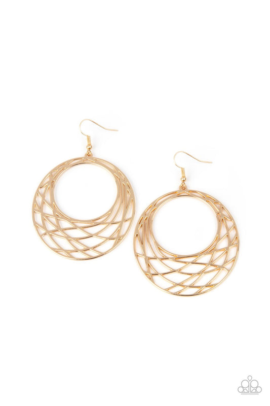 &lt;p&gt; Glistening gold bars crisscross and overlap along the bottom of a circular frame, creating a crescent-like hoop. Earring attaches to a standard fishhook fitting.&lt;/p&gt;  

&lt;p&gt; &lt;i&gt;  Sold as one pair of earrings. &lt;/i&gt;  &lt;/p&gt;


&lt;img src=\&quot;https://d9b54x484lq62.cloudfront.net/paparazzi/shopping/images/517_tag150x115_1.png\&quot; alt=\&quot;New Kit\&quot; align=\&quot;middle\&quot; height=\&quot;50\&quot; width=\&quot;50\&quot;&gt;