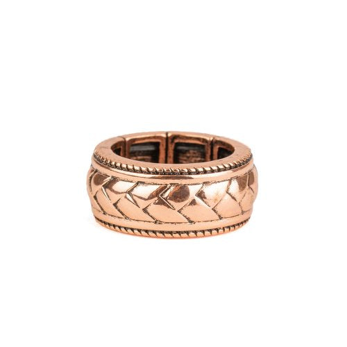 &lt;p style=\&quot;margin-bottom: 10px; color: rgb(51, 51, 51); font-family: Comfortaa, sans-serif;\&quot;&gt;Brushed in an antiqued finish, a chevron-like pattern is embossed across the center of a textured copper band for a casual look. Features a stretchy band for a flexible fit.&lt;/p&gt;&lt;p style=\&quot;margin-bottom: 10px; color: rgb(51, 51, 51); font-family: Comfortaa, sans-serif;\&quot;&gt;&lt;i&gt;Sold as one individual ring.&lt;/i&gt;&lt;/p&gt;
