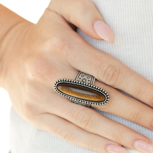 &lt;p&gt; An oblong tiger\&#039;s eye stone adorns the center of a studded silver frame that sits atop a thick silver band stamped in antiqued stars. Features a stretchy band for a flexible fit.&lt;/p&gt;  
&lt;p&gt; &lt;i&gt;  Sold as one individual ring.
&lt;/i&gt;&lt;/p&gt;
&lt;img src=\&quot;https://d9b54x484lq62.cloudfront.net/paparazzi/shopping/images/517_tag150x115_1.png\&quot; alt=\&quot;New Kit\&quot; align=\&quot;middle\&quot; height=\&quot;50\&quot; width=\&quot;50\&quot;&gt;