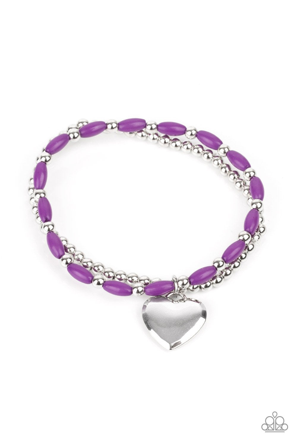 &lt;p&gt;A shiny silver heart dangles from a strand of playful purple beads. It is paired with a strand of round silver beads threaded along a stretchy band for a whimsical charm around the wrist.&lt;/p&gt;
&lt;p&gt;&lt;i&gt; Sold as one pair of bracelets.&lt;/i&gt;&lt;/p&gt;