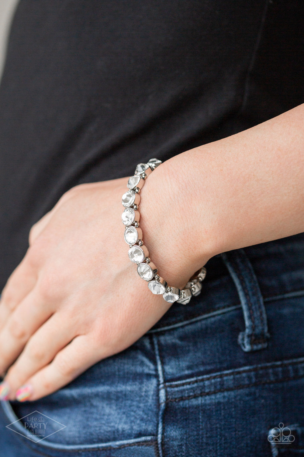 &lt;p&gt;Infused with dainty silver beads, glassy white rhinestone encrusted frames are threaded along stretchy bands around the wrist for a glamorous look.
  &lt;/p&gt;

&lt;p&gt;&lt;i&gt; Sold as one individual bracelet.&lt;/i&gt;&lt;/p&gt;



&lt;p&gt; This Fan Favorite is back in the spotlight at the request of our 2020 Life of the Party member with Black Diamond Access, Monica V. &lt;/p&gt;
