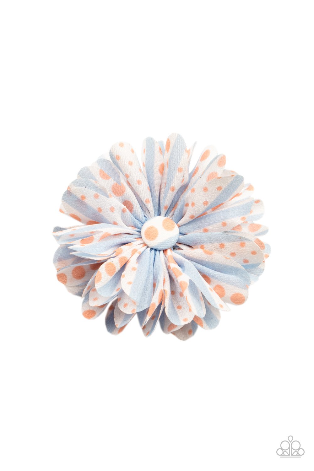 &lt;p&gt;Featuring Burnt Coral polka dots, Cerulean striped chiffon petals gather around a matching button top center for a whimsical look. Features a standard hair clip on the back.&lt;/p&gt;
&lt;p&gt;&lt;i&gt;Sold as one individual hair clip. &lt;/i&gt;&lt;/p&gt;