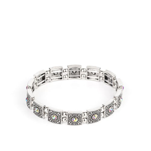 &lt;p&gt; Dotted with orangey iridescent rhinestone centers, studded silver frames alternate with pairs of dainty silver beads along stretchy bands, creating a stellar centerpiece around the wrist.&lt;/p&gt;

&lt;p&gt;&lt;i&gt; Sold as one individual bracelet.&lt;/i&gt;&lt;/p&gt;


