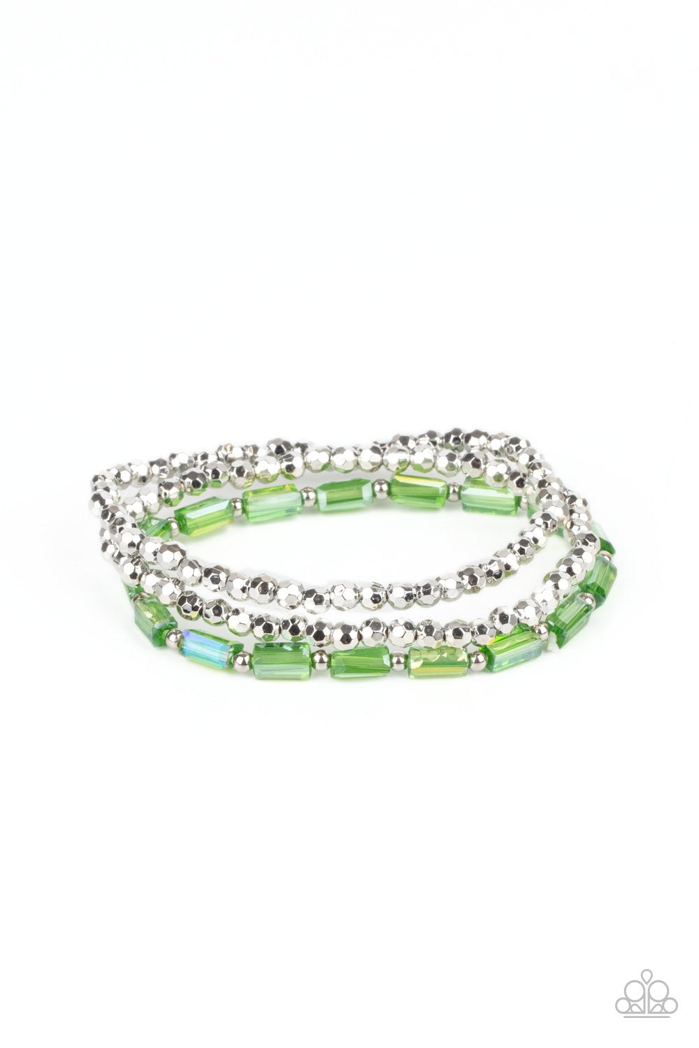 &lt;p&gt;A pair of faceted silver beaded bracelets join a strand of glassy green emerald style beads around the wrist, creating iridescently stretchy layers.&lt;/p&gt;

&lt;p&gt;&lt;i&gt; Sold as one set of three bracelets. &lt;/i&gt;&lt;/p&gt;


&lt;img src=\&quot;https://d9b54x484lq62.cloudfront.net/paparazzi/shopping/images/517_tag150x115_1.png\&quot; alt=\&quot;New Kit\&quot; align=\&quot;middle\&quot; height=\&quot;50\&quot; width=\&quot;50\&quot;&gt;