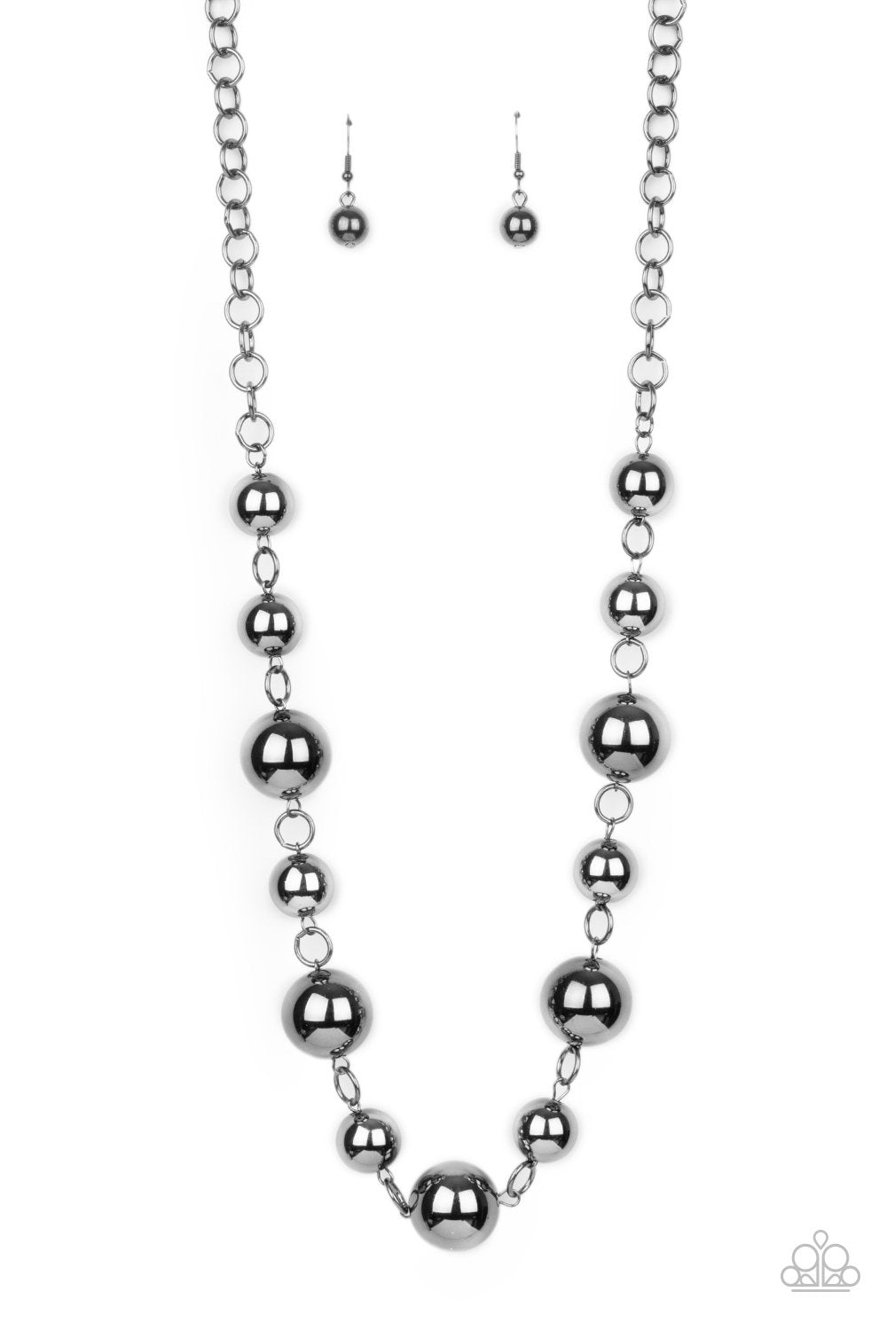 &lt;p&gt;An oversized collection of intense gunmetal beads boldly link below the collar, creating a dramatic industrial display. Features an adjustable clasp closure. &lt;/p&gt;  

&lt;p&gt; &lt;i&gt;Sold as one individual necklace.  Includes one pair of matching earrings.
&lt;/i&gt;  &lt;/p&gt;

&lt;img src=\&quot;https://d9b54x484lq62.cloudfront.net/paparazzi/shopping/images/517_tag150x115_1.png\&quot; alt=\&quot;New Kit\&quot; align=\&quot;middle\&quot; height=\&quot;50\&quot; width=\&quot;50\&quot;&gt;