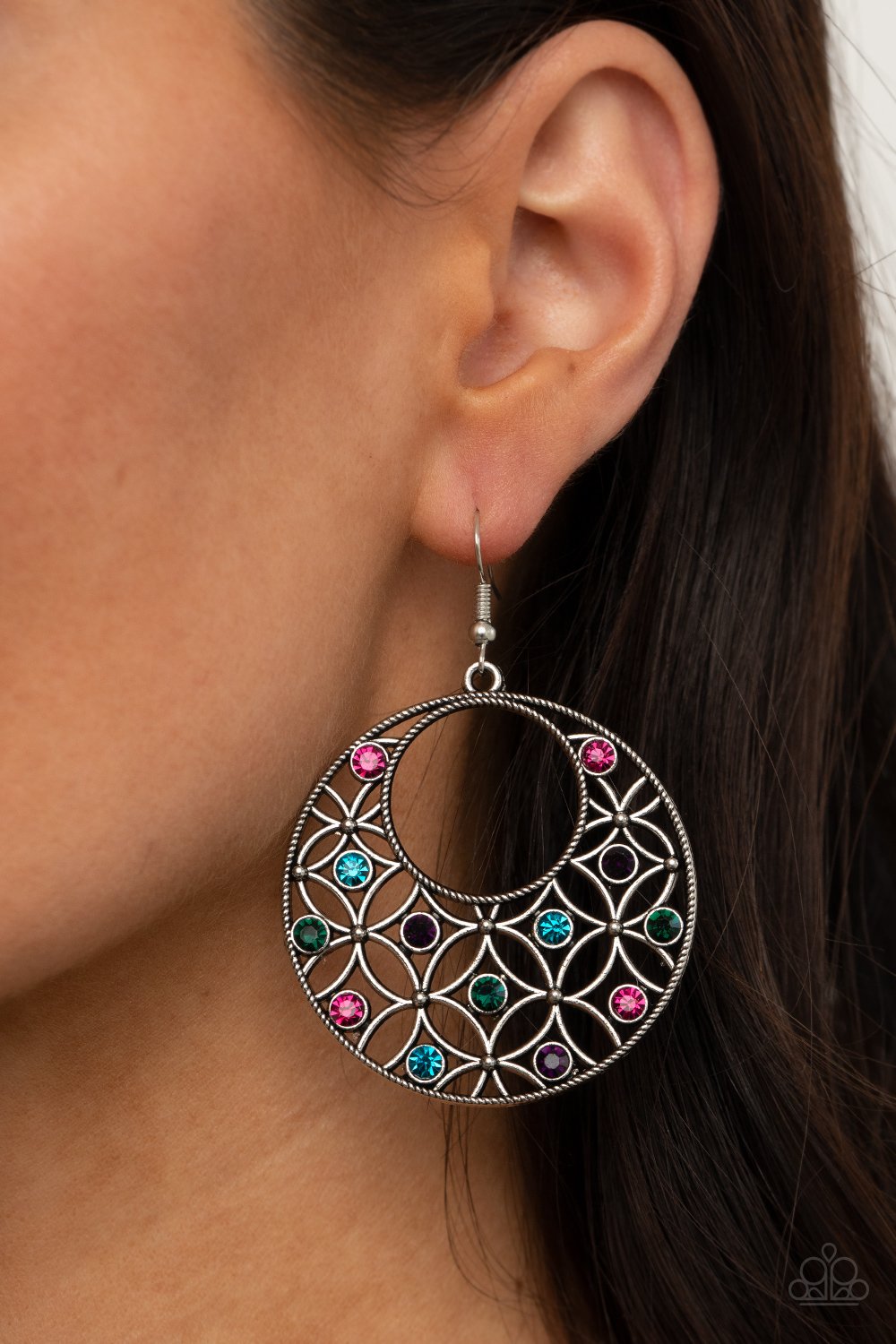 &lt;p&gt;Dotted with glittery blue, green, pink, and purple rhinestones, an airy backdrop of antiqued flowers climbs a studded silver hoop for a whimsical look. Earring attaches to a standard fishhook fitting. &lt;/p&gt;  

&lt;p&gt; &lt;i&gt;  Sold as one pair of earrings. &lt;/i&gt;  &lt;/p&gt;

