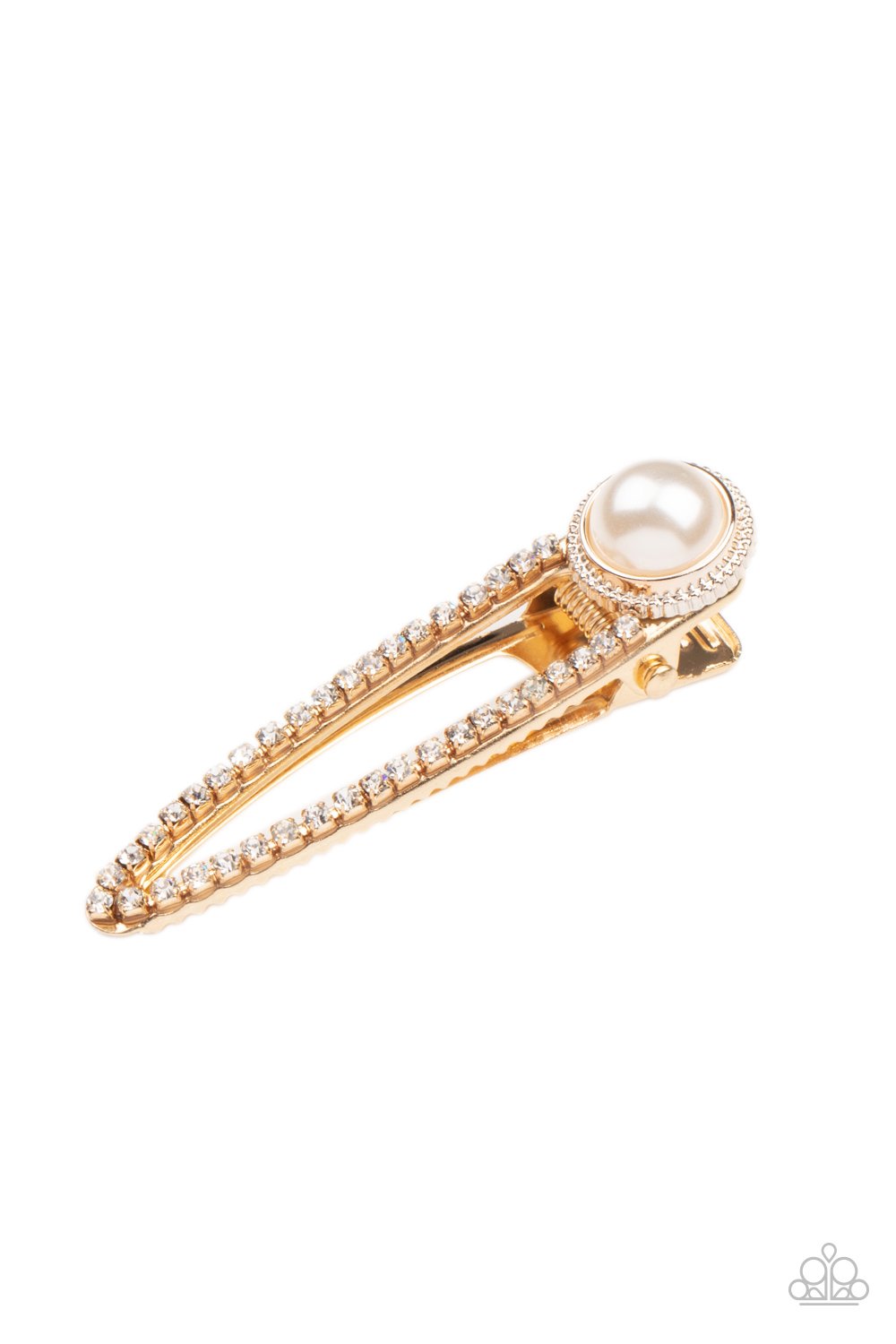 &lt;p&gt; Dotted with a bubbly pearl fitting, a classic gold frame is encrusted in glassy white rhinestones for a glamorous finish. Features a standard hair clip on the back.&lt;/p&gt;
 

 &lt;p&gt;&lt;i&gt;Sold as one individual hair clip. &lt;/i&gt;&lt;/p&gt;
 

 

&lt;h5&gt;Paparazzi Accessories • $5 Jewelry&lt;/h5&gt;