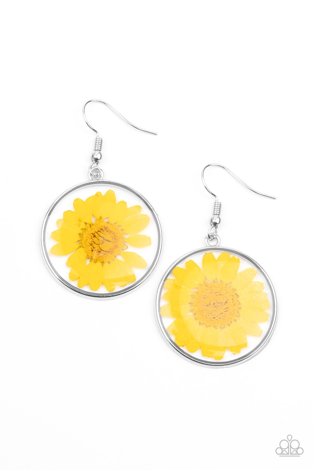 &lt;p&gt; Bordered in a silver fitting, a pressed yellow daisy is encased inside a glassy frame for an enchanted floral look. Earring attaches to a standard fishhook fitting.
&lt;/p&gt;  

&lt;p&gt; &lt;i&gt;  Sold as one pair of earrings. &lt;/i&gt;  &lt;/p&gt;


&lt;img src=\&quot;https://d9b54x484lq62.cloudfront.net/paparazzi/shopping/images/517_tag150x115_1.png\&quot; alt=\&quot;New Kit\&quot; align=\&quot;middle\&quot; height=\&quot;50\&quot; width=\&quot;50\&quot;&gt;