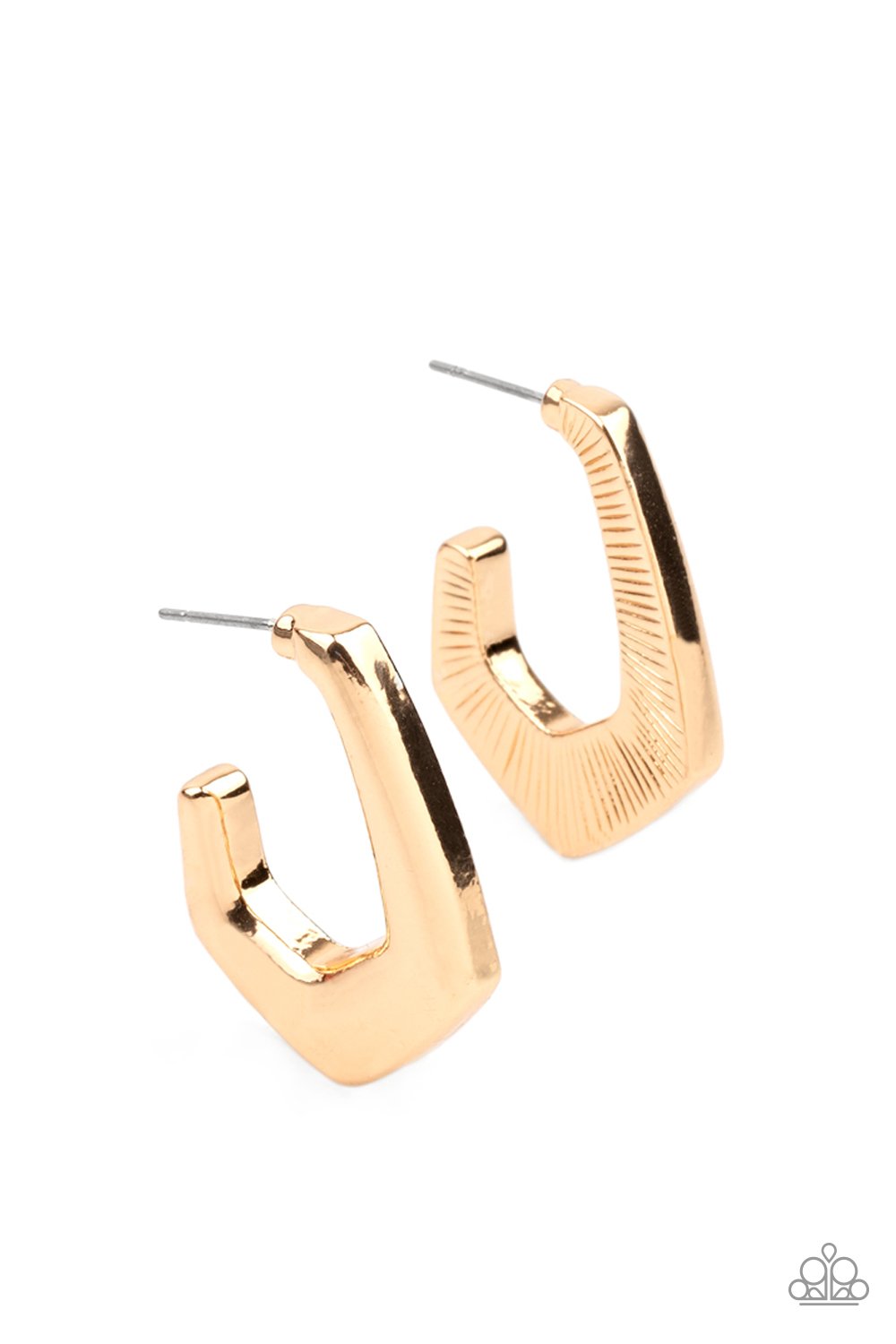 &lt;p&gt;A glistening gold bar curves into a hook shaped hoop, creating an edgy fashion. Earring attaches to a standard post fitting. Hoop measures approximately 3/4\&quot; in diameter.
 &lt;/p&gt;  

&lt;p&gt; &lt;i&gt;  Sold as one pair of hoop earrings. &lt;/i&gt;  &lt;/p&gt;


&lt;img src=\&quot;https://d9b54x484lq62.cloudfront.net/paparazzi/shopping/images/517_tag150x115_1.png\&quot; alt=\&quot;New Kit\&quot; align=\&quot;middle\&quot; height=\&quot;50\&quot; width=\&quot;50\&quot;&gt;